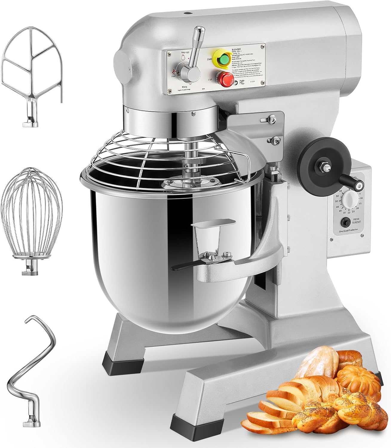 Commercial Mixer, 15/30QT Commercial Food Mixer, Dough Mixer with Stainless Steel Bowl, 3 Speeds Adjustable and Safety Guard, Dough Hook Whisk Beater Included, Ideal for Bakery Pizzeria (15QT)