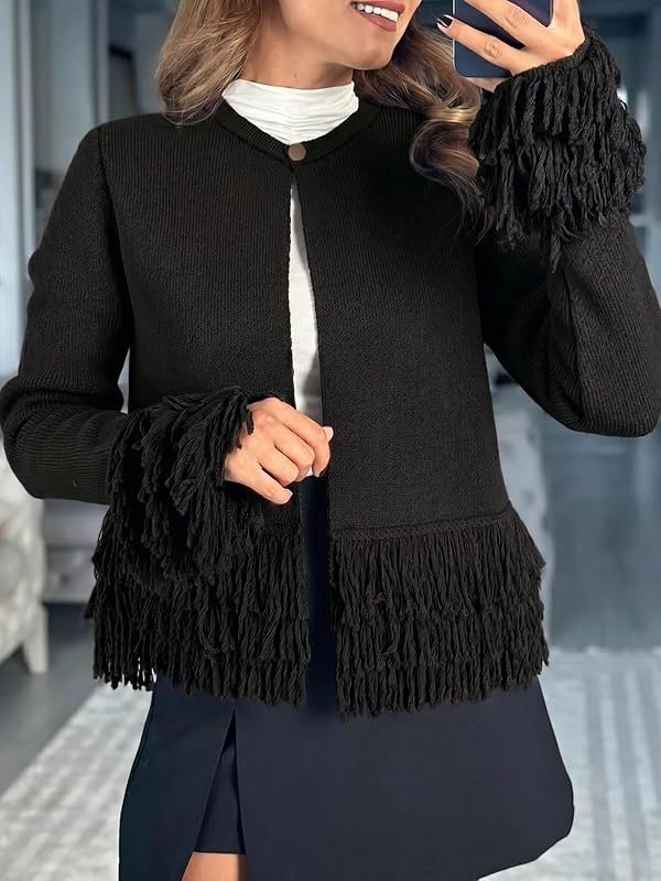 Yousify Fringe Tops for Women Crew Neck Button Down Crochet Cardigan Black by Yousify - Used condition - Image 5