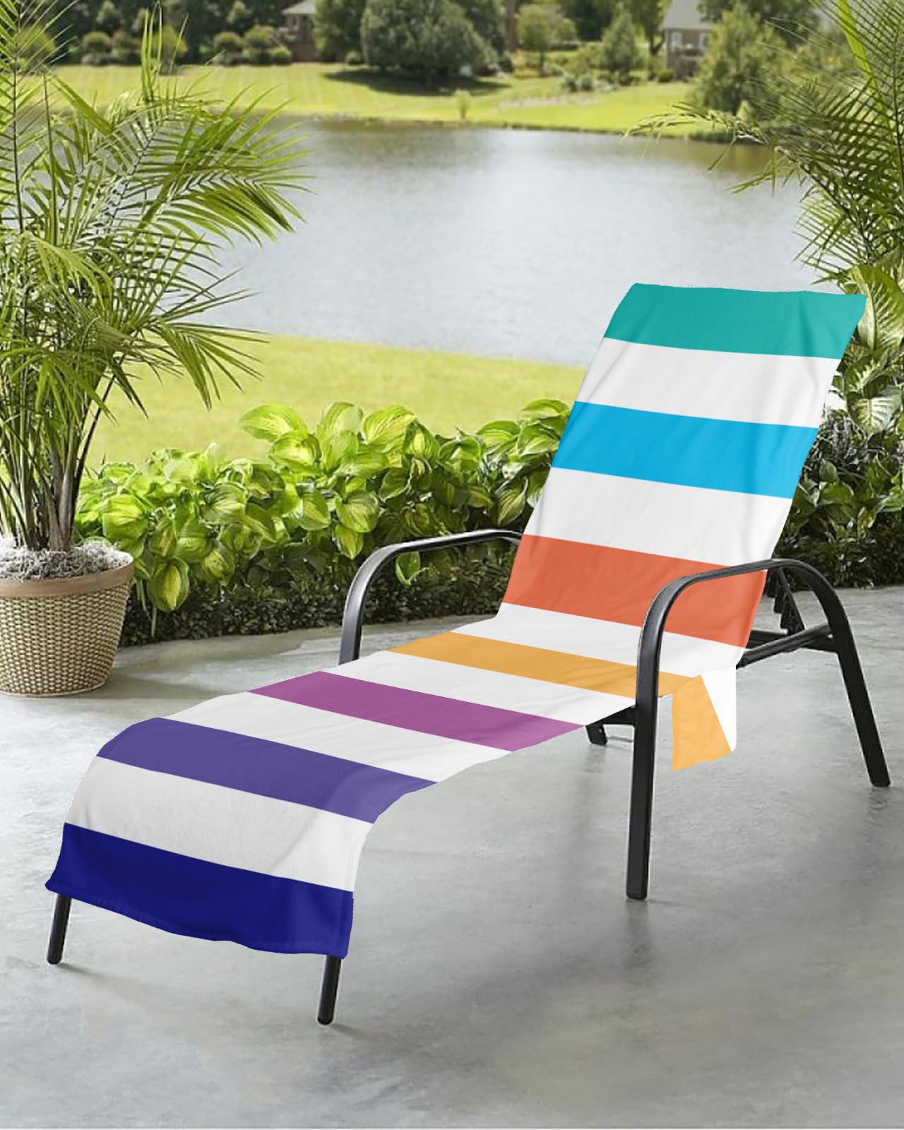 Rainbow Stripes Beach Chair Towel Covers for Chaise Lounge with Side Pocket, Soft Plush Pool Towels Cover for Patio Sunbathing Outdoor 29''x85'' Gradual Modern Geometric Stripes