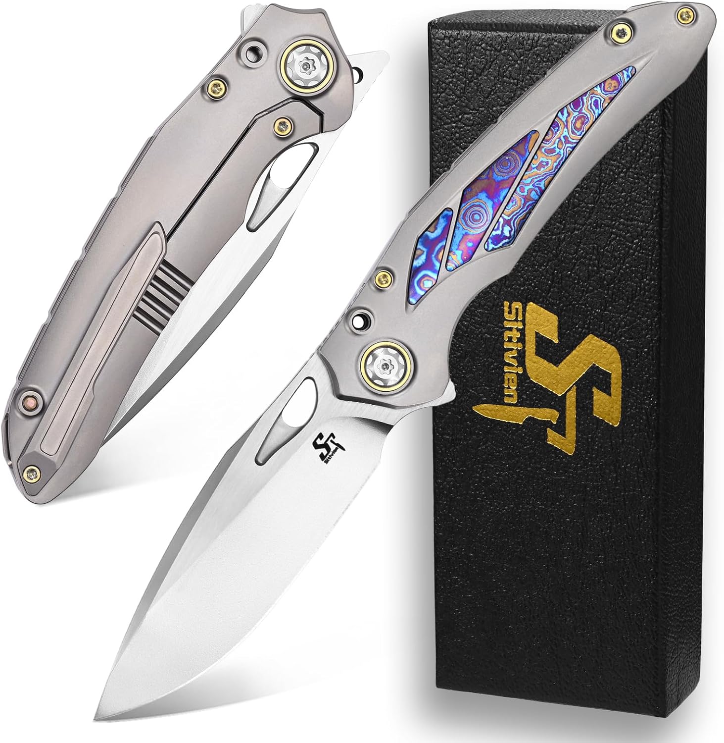 Sitivien ST888 Folding Knife, M390 Steel Blade Titanium and Timascus Inlaid Handle Knife with Safety Lock Frame Lock for Outdoor Camping, Hiking, Survival