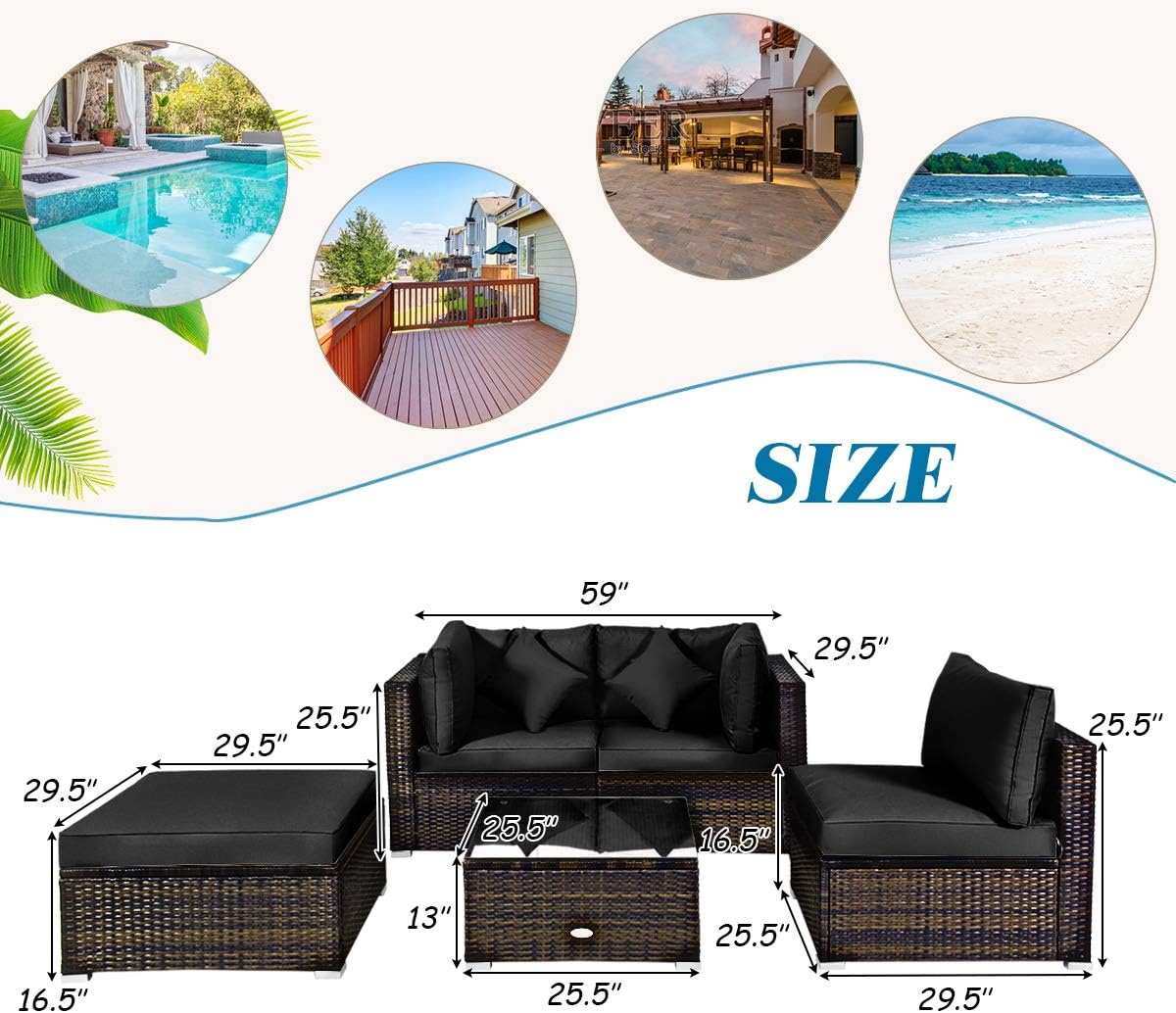 Detailed dimensions of each furniture piece in the set