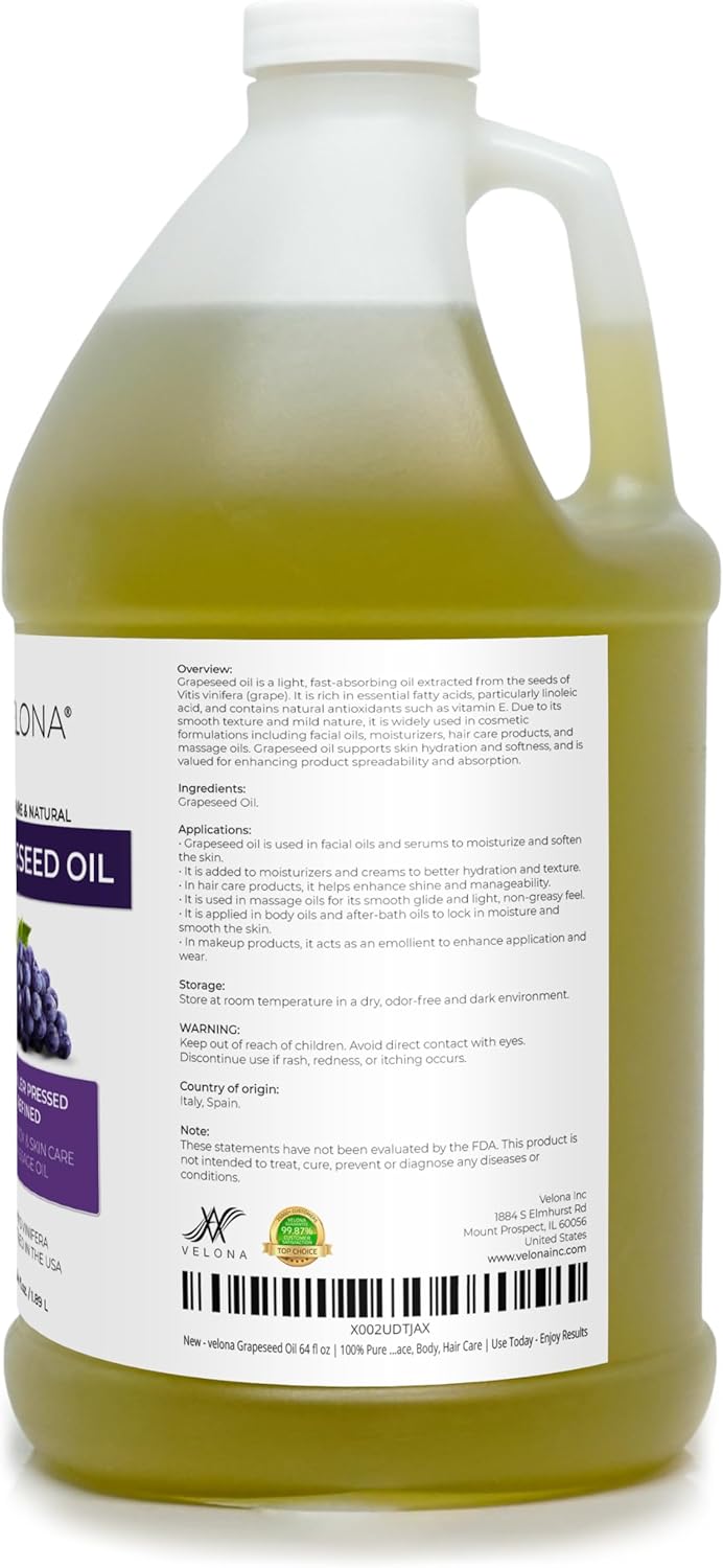 velona Grapeseed Oil 64 fl oz | 100% Pure and Natural Carrier Oil | Refined | Skin, Face, Body, Hair Care | Use Today - Enjoy Results - Image 3