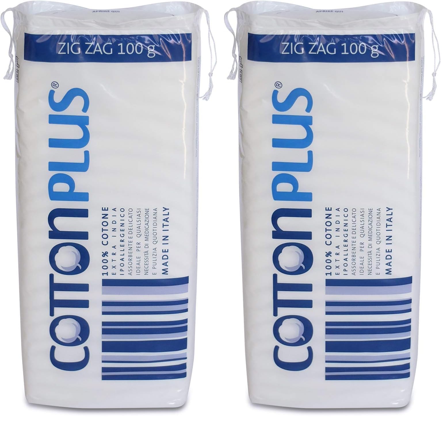 Cotton Plus ZIG ZAG 100 g - LINEA MEDICALE | 100% PURO COTONE IDROFILO CARDATO PER USO MEDICALE | Morbido e assorbente. (Confezione da 2)