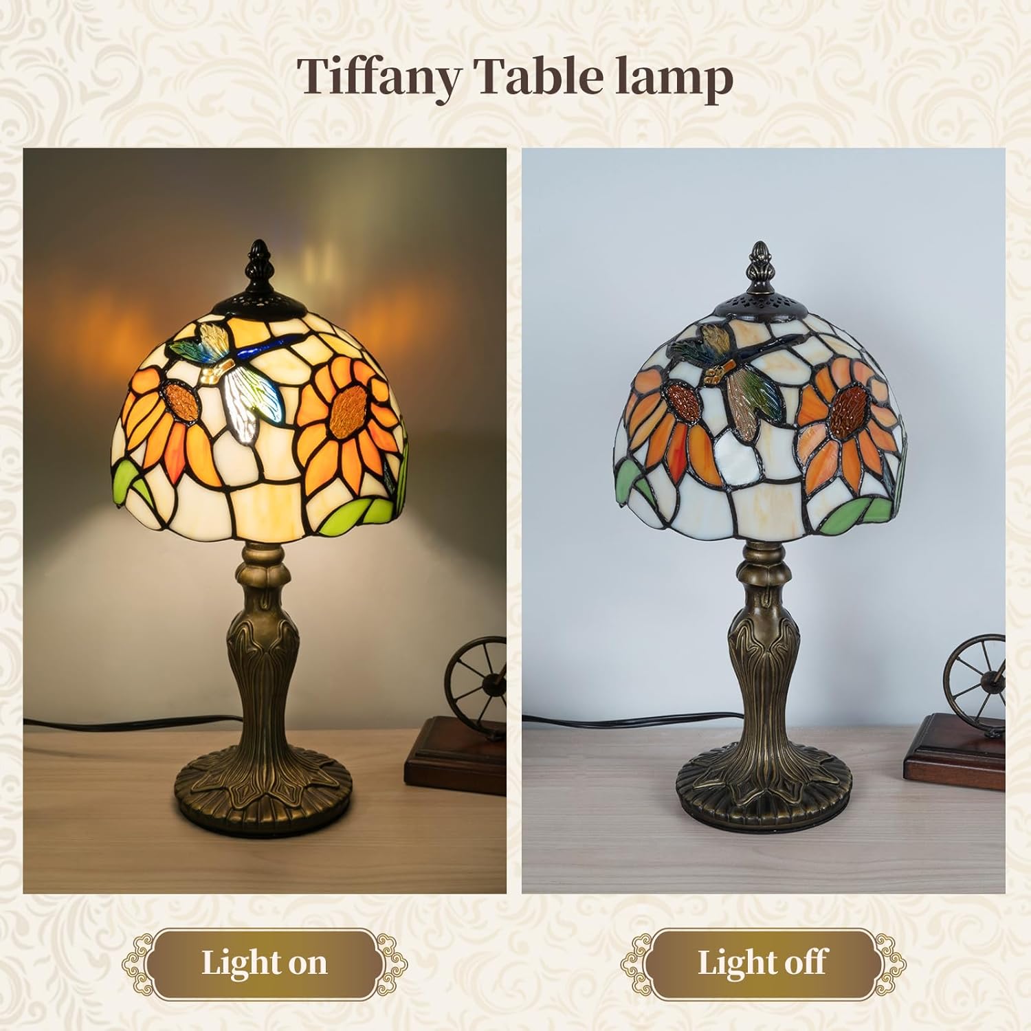 Tiffany Table Lamp,3 Color-Temperature Sunflower Stained Glass Lamp,8 Inch Tiffany Style Lamp for Bedroom Living Room Home, Handcrafted Light, Included Bulb (Yellow Sunflower)