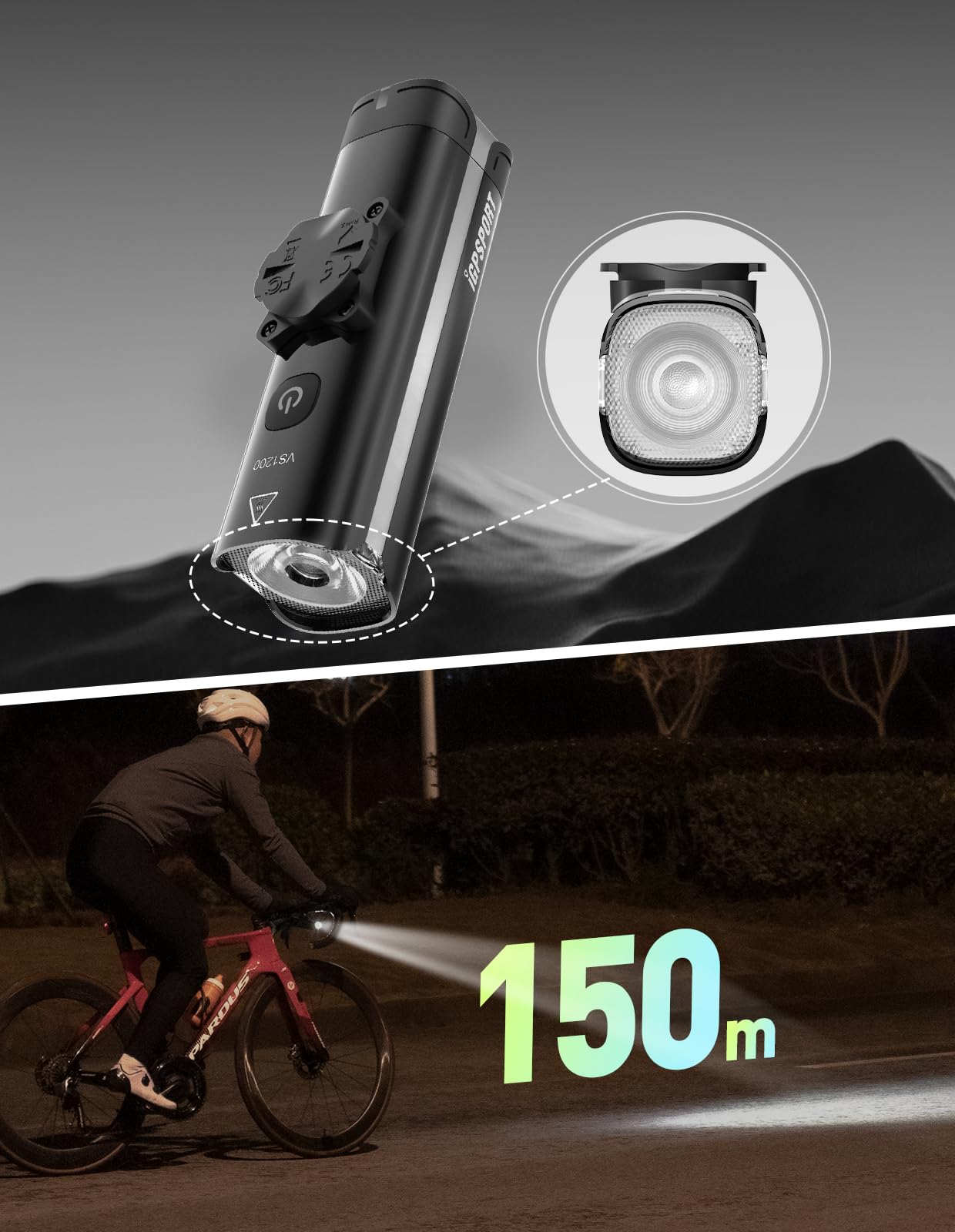 iGPSPORT VS1200 Luz Bicicleta Super Luminoso 1200 Lumen Antiniebla e Pantalla de Potencia Luces Delantera y Trasera USB Recargable Luces Espera Ultralarga