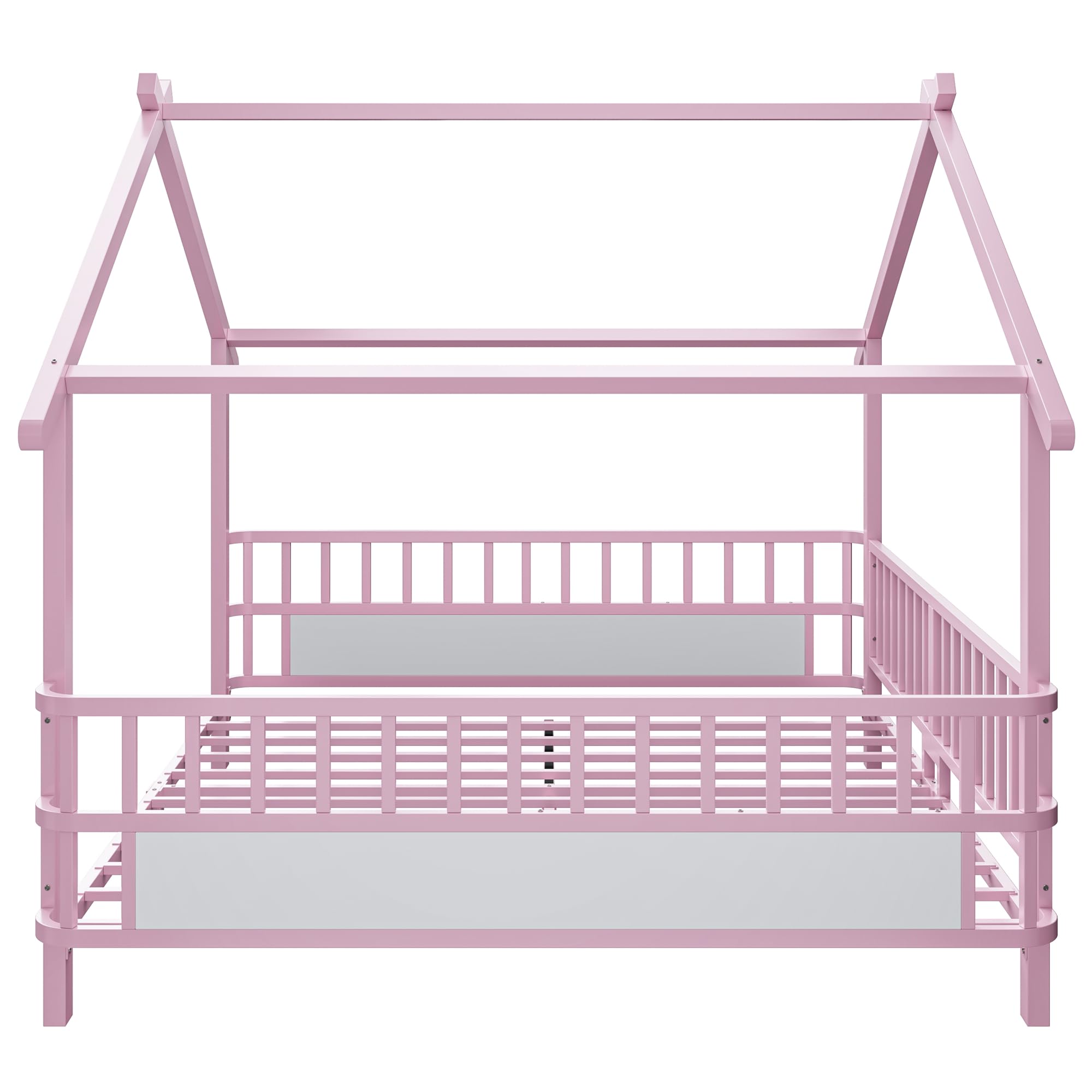 Merax Kinderbett aus Metall in Hausform 140x200 cm mit Sicherheitsgitter & Dachdesign – Rosa (Ohne Matratze)