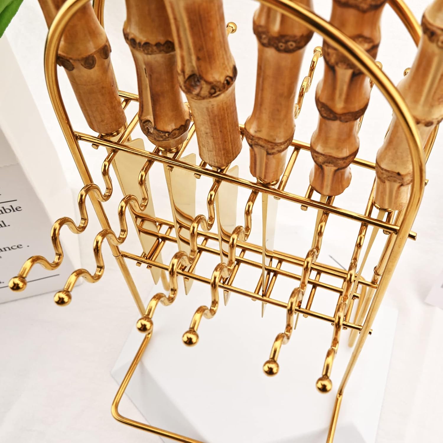 24-Piece Gold Stainless Steel Flatware Set, Bamboo Handle Cutlery with Stand Dinnerware Set Include Knife Fork Spoon And Teaspoon, Service For 6, Mirror Finished.