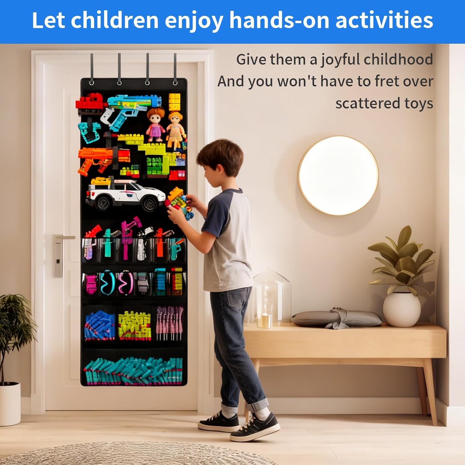 Over Door Organizer for Toy Guns, Door Hanging Toy Holder for Kids Rooms Game Rooms, with Pockets and Slots, for Darts Goggles Foam Blasters (Black)