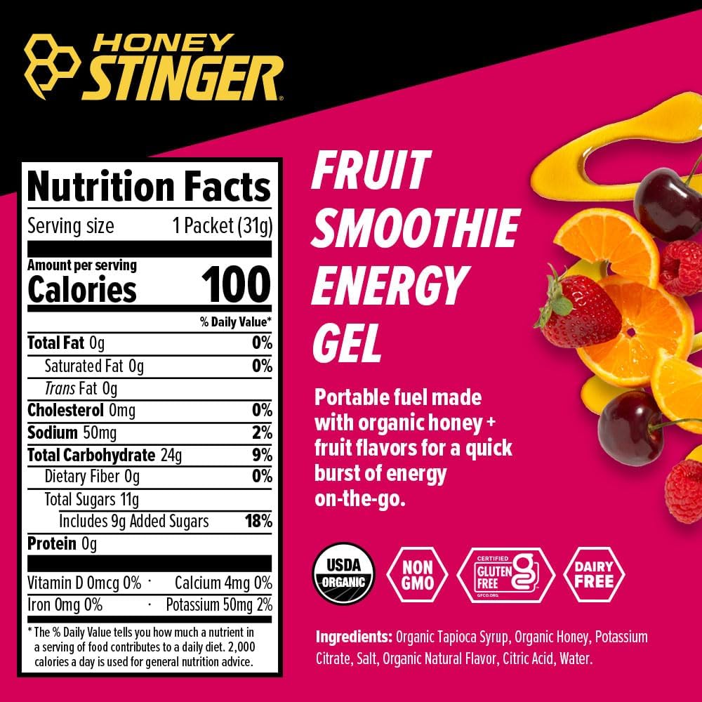 Honey Stinger Organic Fruit Smoothie Energy Gel, Gluten Free & Caffeine Free, for Exercise, Running and Performance, Sports Nutrition for Home & Gym, Pre and Mid Workout, 24 Pack, 26.4 Ounce