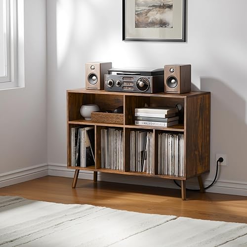 Vista 9 de Cozy Castle - Soporte para tocadiscos con gabinete de almacenamiento para vinilos, mesa de tocadiscos de madera con estante abierto, organizador