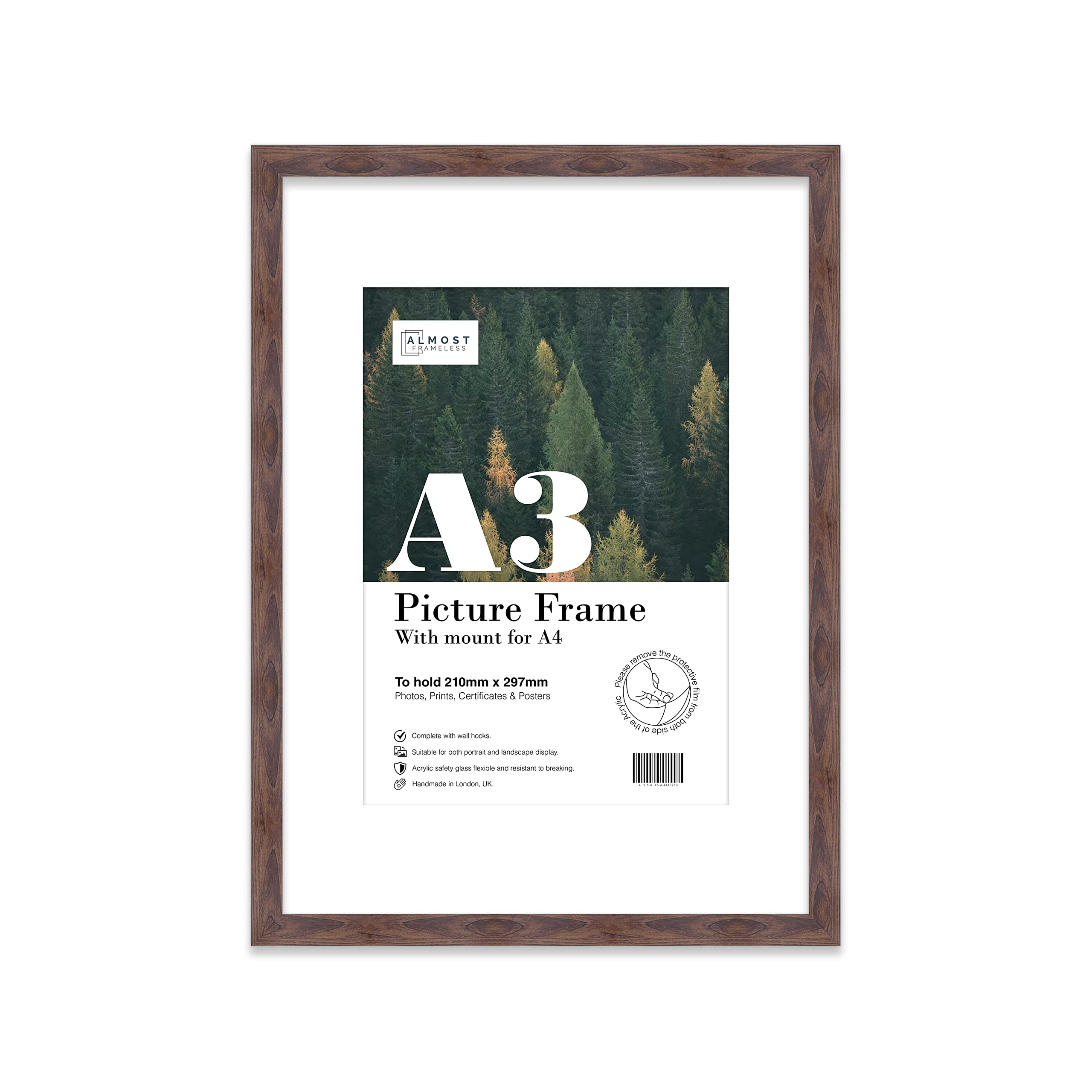 Almost Frameless A3 Walnut Picture Frame With Mount for A4 (21 x 29.7cm -8.3 x 11.7in) Poster, Photo, Artwork, or Print. Thin Edge Slim Frame Portrait and Landscape Display with Wall Hooks