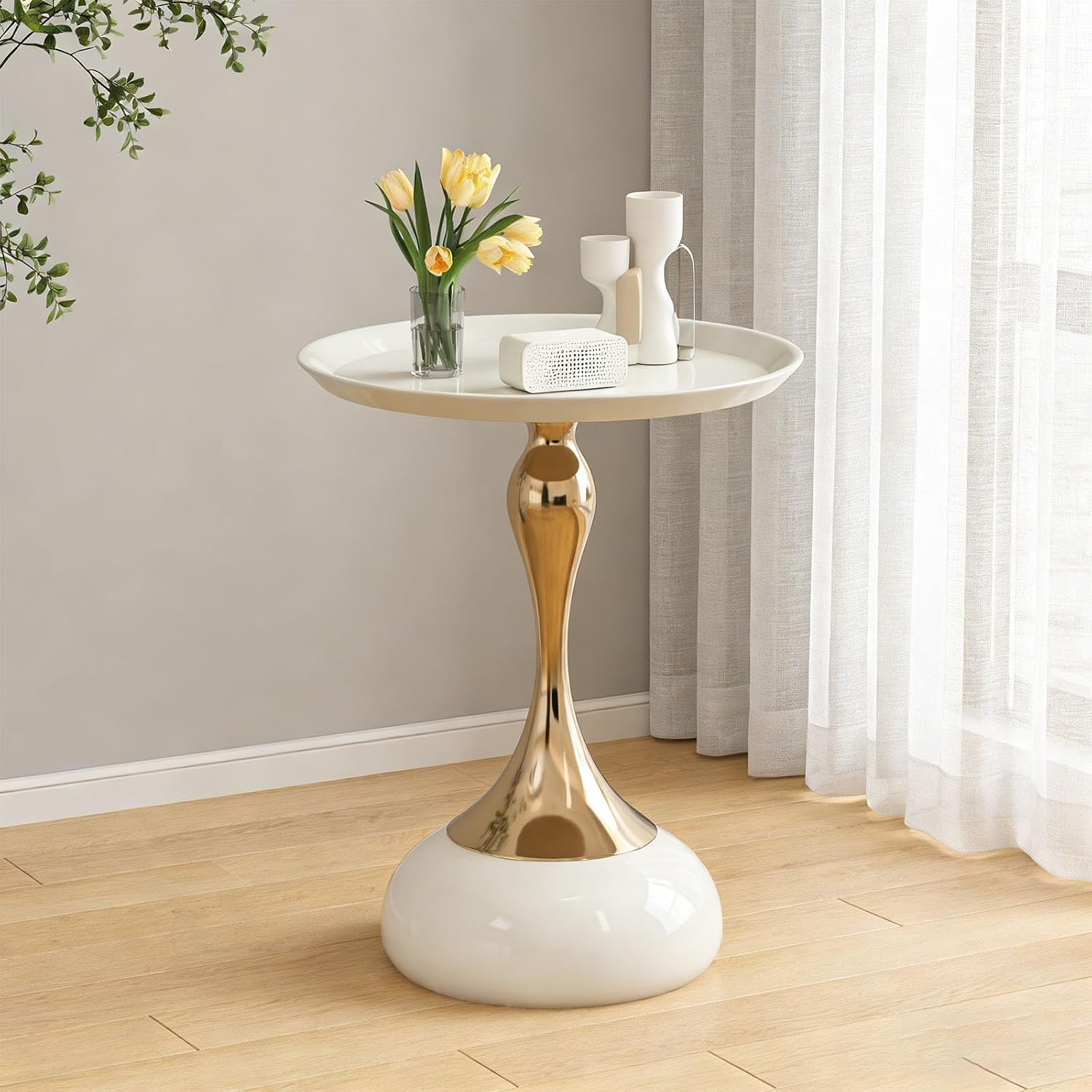 Elegant Modern Side Table Unique Hourglass Design Ideal for Living Rooms, Cafes, Dining Rooms, Bedrooms, and Outdoors Corner Round End Table (1 Set, White)