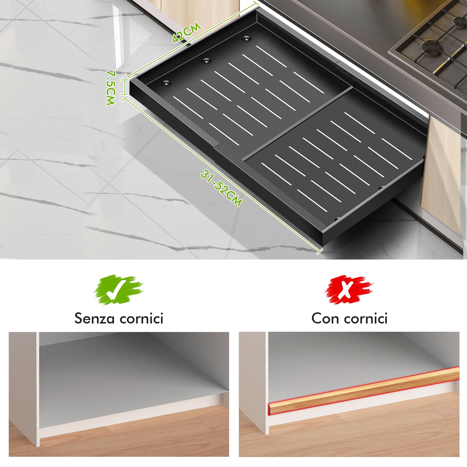 Mimoke Organizer espandibile estraibile per armadio, cassetto telescopico da cucina con adesivo, organizer per cassetti da cucina/bagno (nero, (2 pezzi) larghezza 31-52 cm, profondità 42 cm)