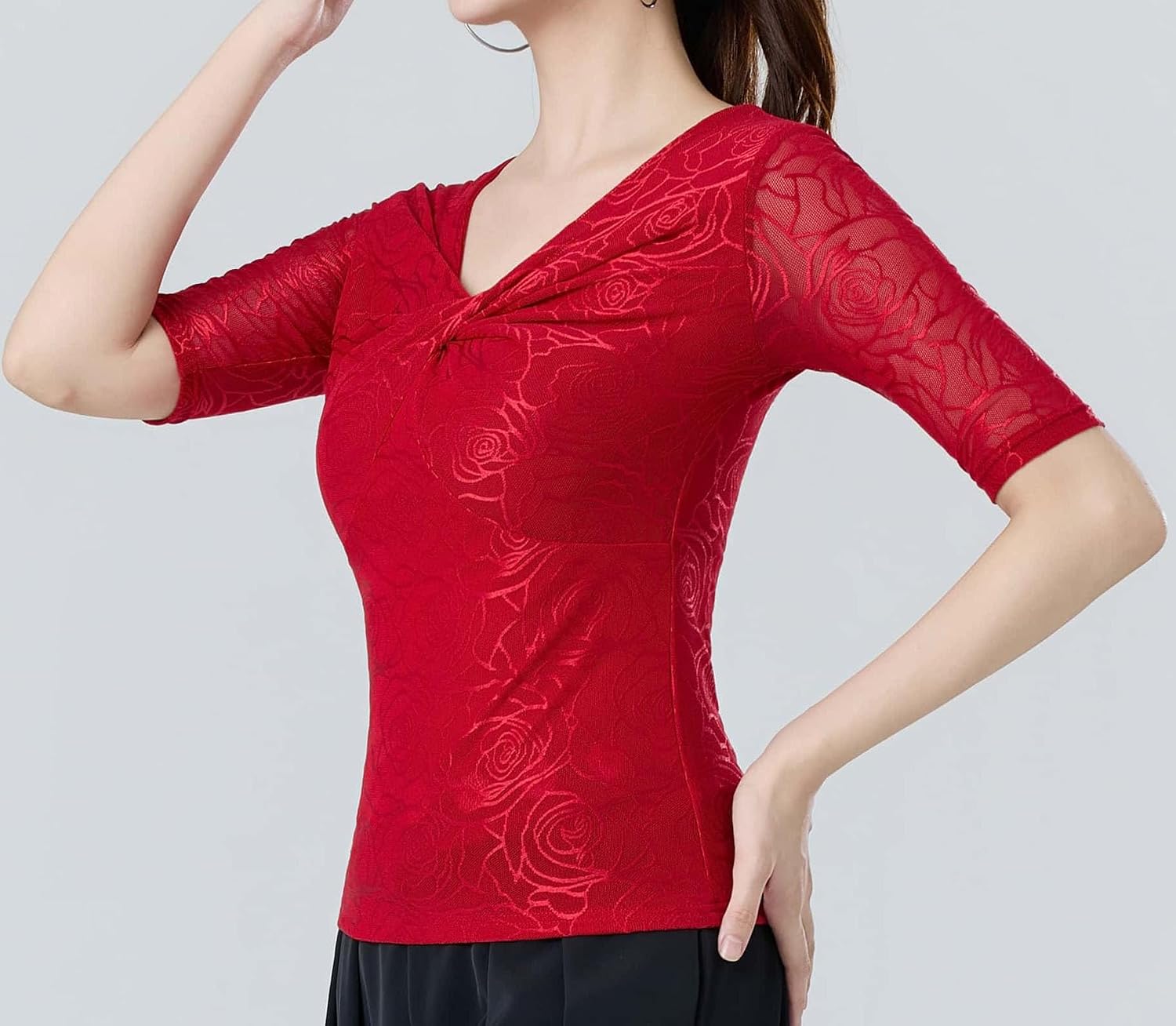 Whitewed Women's Front Knot Latin Ballroom Dance Top V Neck Half Sleeve