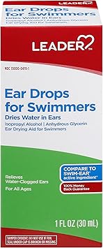 Leader Ear Drops for Swimmers, Dries Water in Ears, Isopropyl Alcohol 95%, All Ages, Compare to Swim-Ear, 1 fl oz