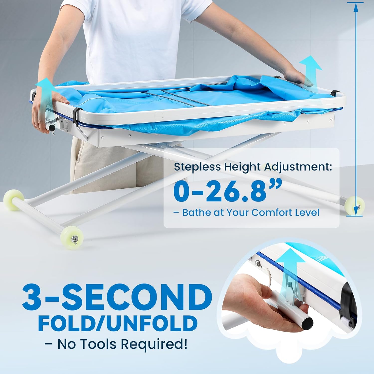 Foldable Dog Bathing Tub with Wheels, Adjustable Height 0-26.8" Pet Wash Station, Portable Dog Bath Tub for Large Dogs Up to 90lbs, with Drain & Storage Bag