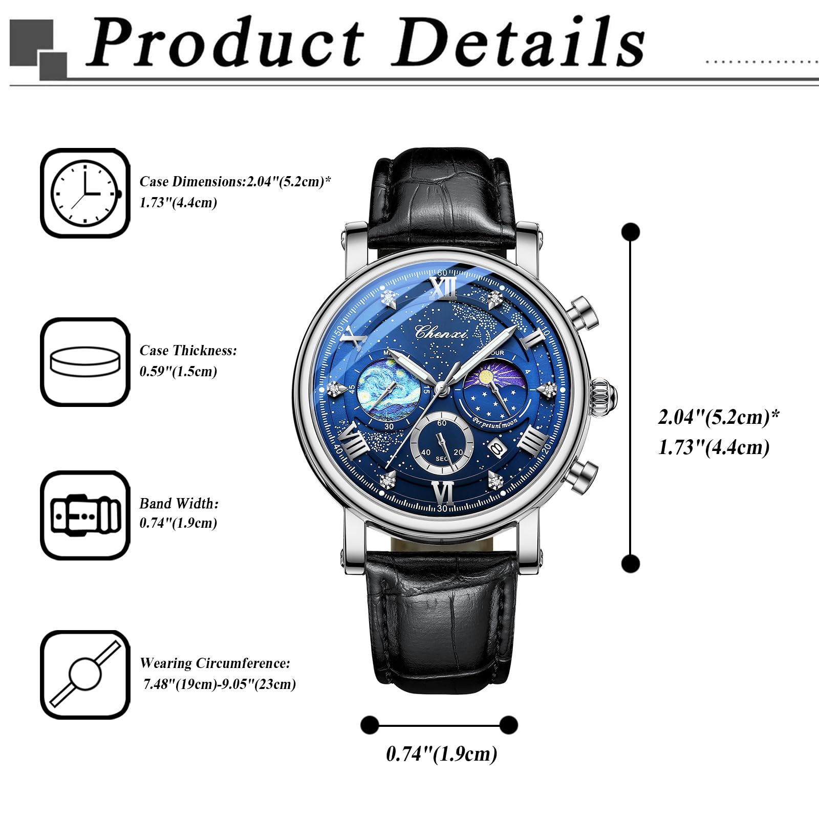 JewelryWe Orologio da Polso da Uomo in Pelle: Orologio da Polso Impermeabile Multifunzione Quadrante con Decorazione Notturna Van Gogh Starry Night con Cronografo e Calendario