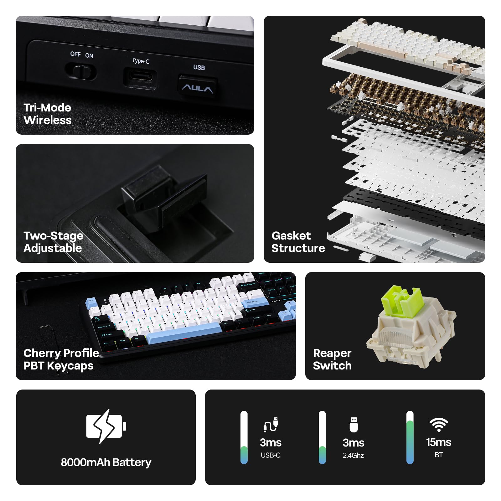 EPOMAKER X AULA F108 PRO Tastiera da Gioco Wireless con Schermo, Batteria da 8000mAh, 104 Tasti e Manopola Sostituibili a Caldo, RGB, per Mac/PC/Android, qwerty (NeroBiancoBlu, Reaper Switch)