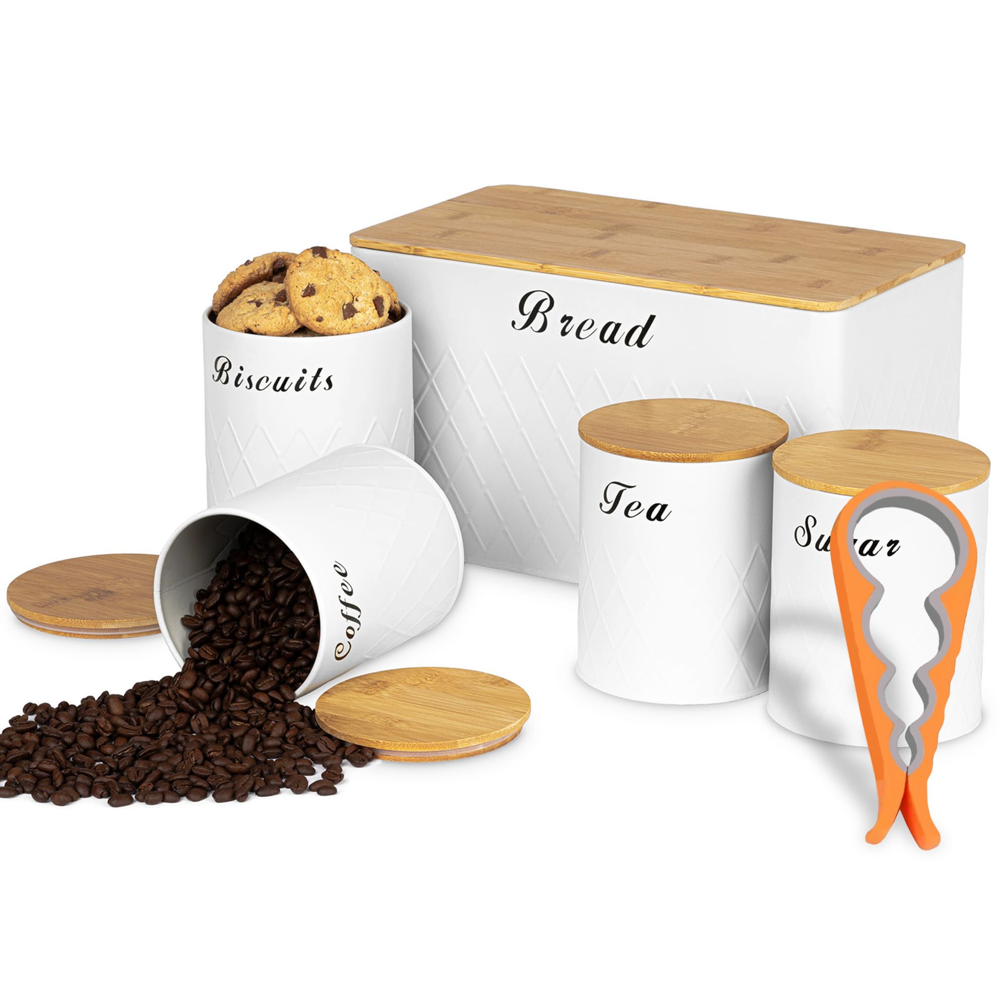 ATEK 5 Pcs Bread Bin Sugar Tea Canister Set with Can Opener, Biscuit Barrel Round Jar for Tea, Sugar, Coffee, Bread with Air Tight Bamboo Lids, Kitchen Storage Containers Modern Stylish