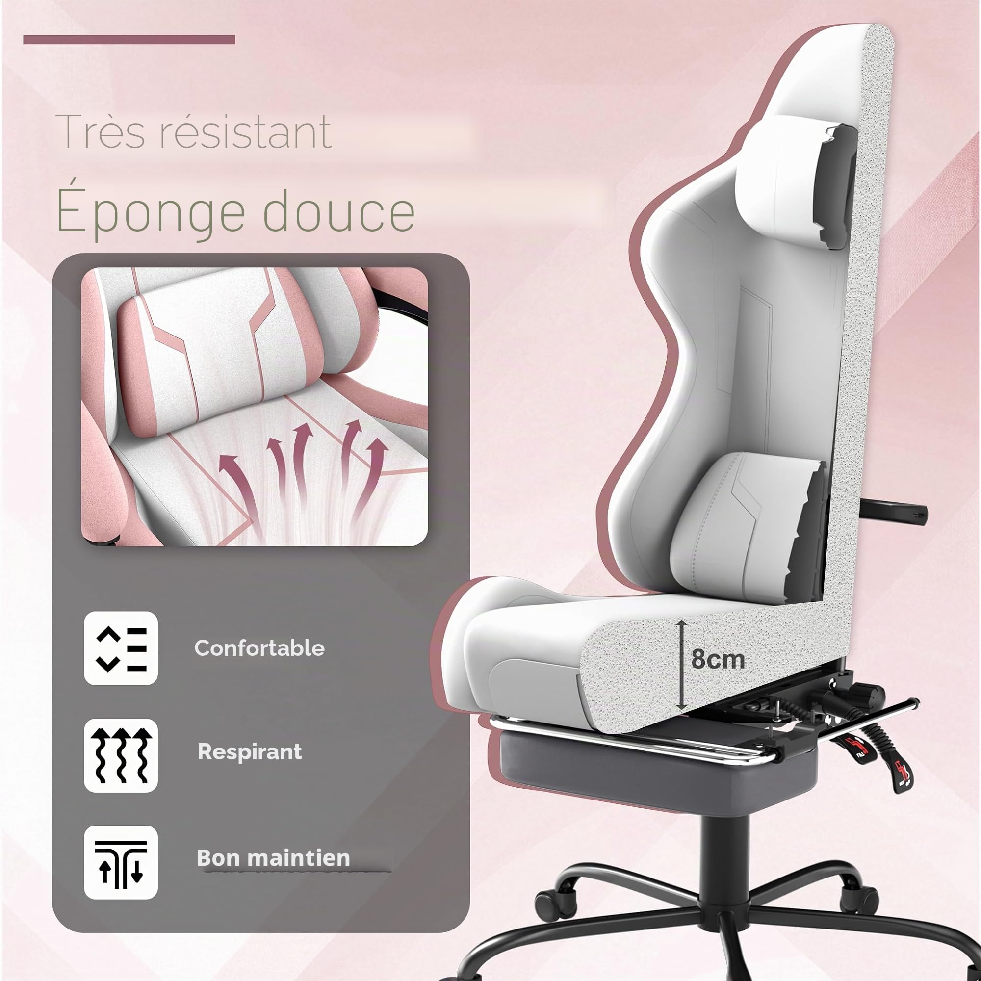 YRHome Chaise de gaming réglable en hauteur avec oreiller, coussin lombaire à vibrations, repose-pieds et accoudoirs, chaise de gamer ergonomique, surface en velours rose