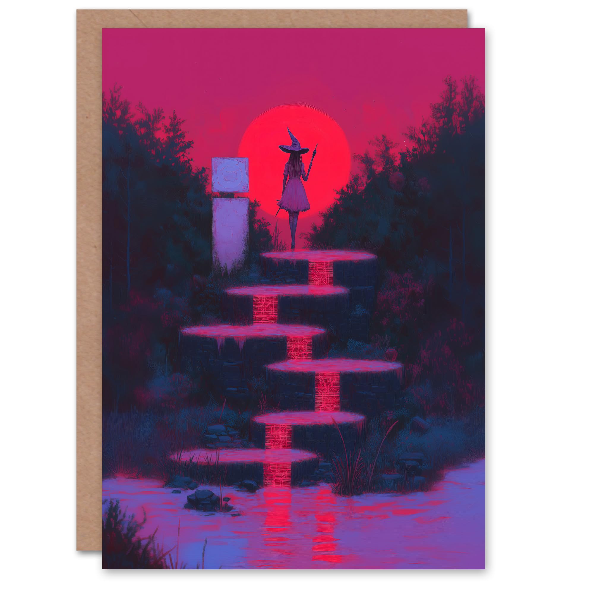 Artery8 Greeting Card Full Moon Witch Ritual Neon Pink Fantasy Art For Her Woman Halloween Card