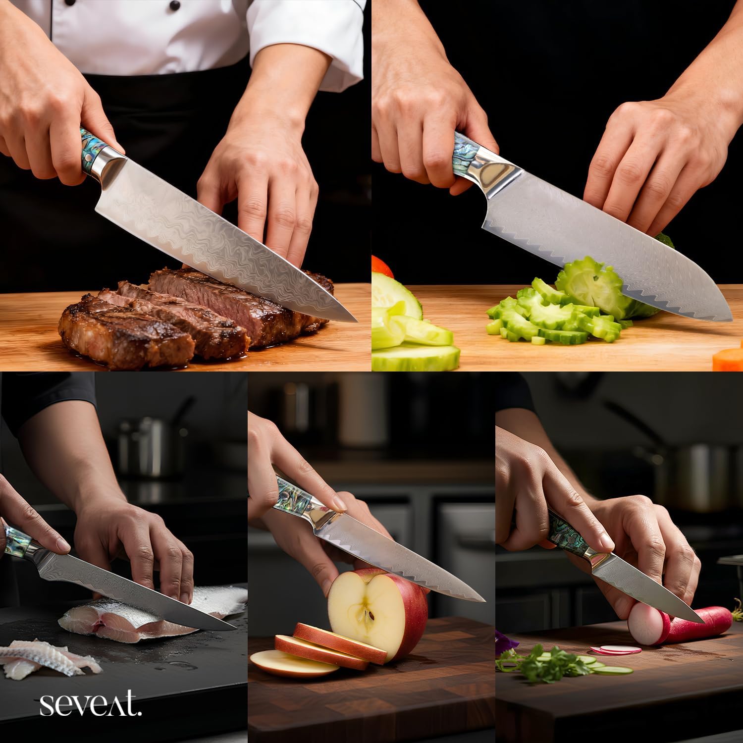 Damascus Kitchen Knife Set | 67-Layer Damascus Steel | Professional Chef Knives Set | Ergonomic Blue Shell Handle | Acacia Wood Magnetic Holder Included (Blue-3, 5-Piece Set)