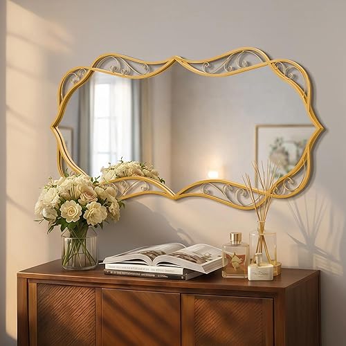 Miniatura 4 de Besdomus Espejo de pared dorado para baño: espejo grande antiguo de 24 x 48 pulgadas para pared, colgante vertical u horizontal, decoración del Oro