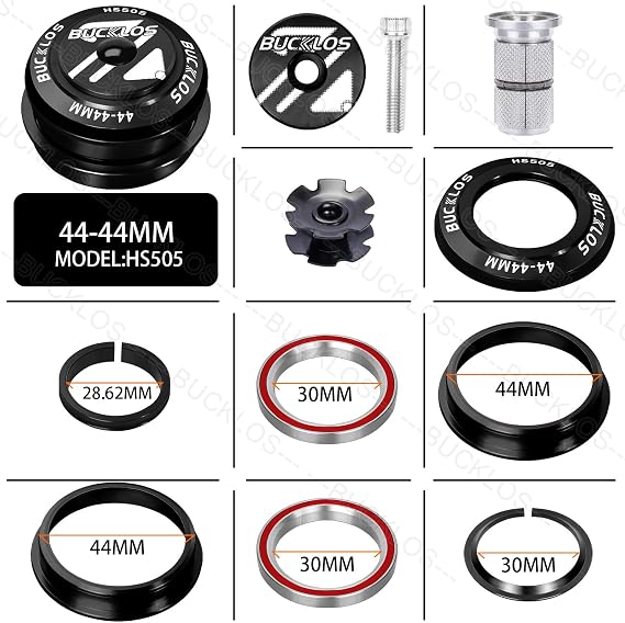 BUCKLOS 1-1/8 Bike Headset Threadless 44-44mm Black & Headset Cup Removal Tool Sturdy and Durable Stainless Steel Bicycle Head Parts Remover Suitable for -1/8, 1-1/4 and 1-1/2 inch for Bike Repair