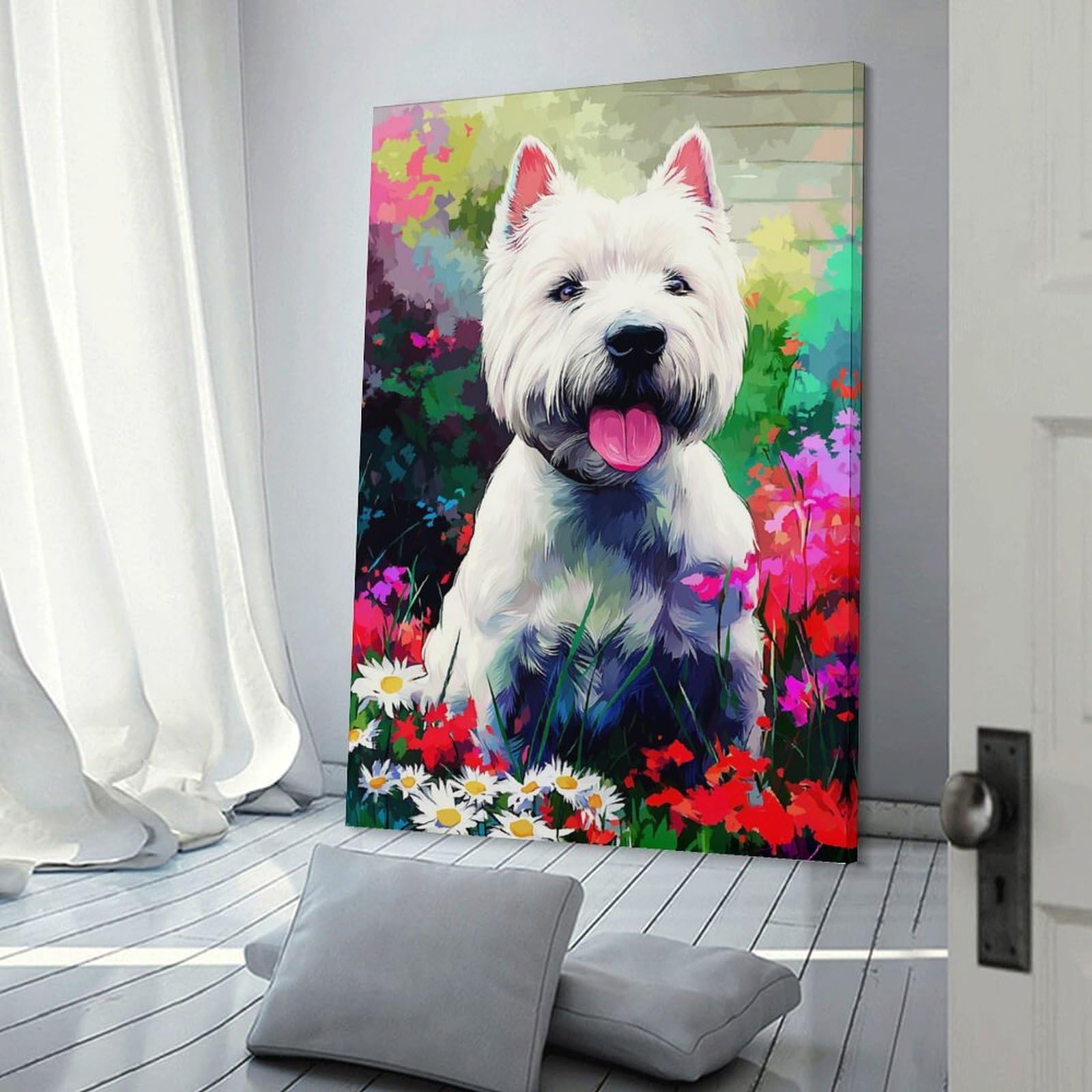 Junmoney Frame-Floral Fantasy With White Dog Floral Fantasy With White Dog Decorative Canvas Print 24X36inch(60X90cm), For Home, Office, Studio Or Guest Room, Versatile Wall Decor For Many Rooms