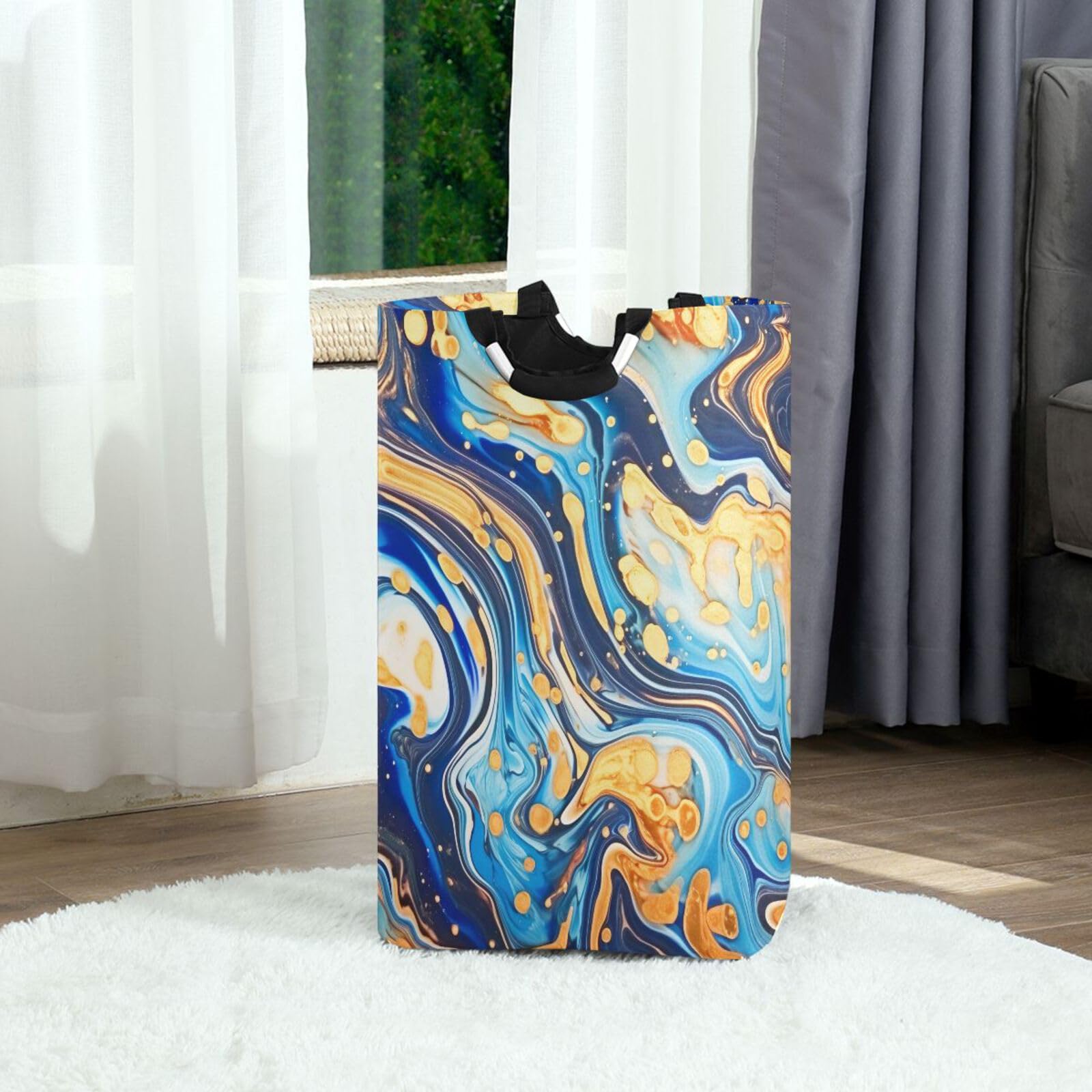 Jihqo Laundry Hamper Basket Silvery Swirls Marble Collapsible Nursery Storage Bin Waterproof Clothing Baskets for Home Bedroom Bathroom Washing Room