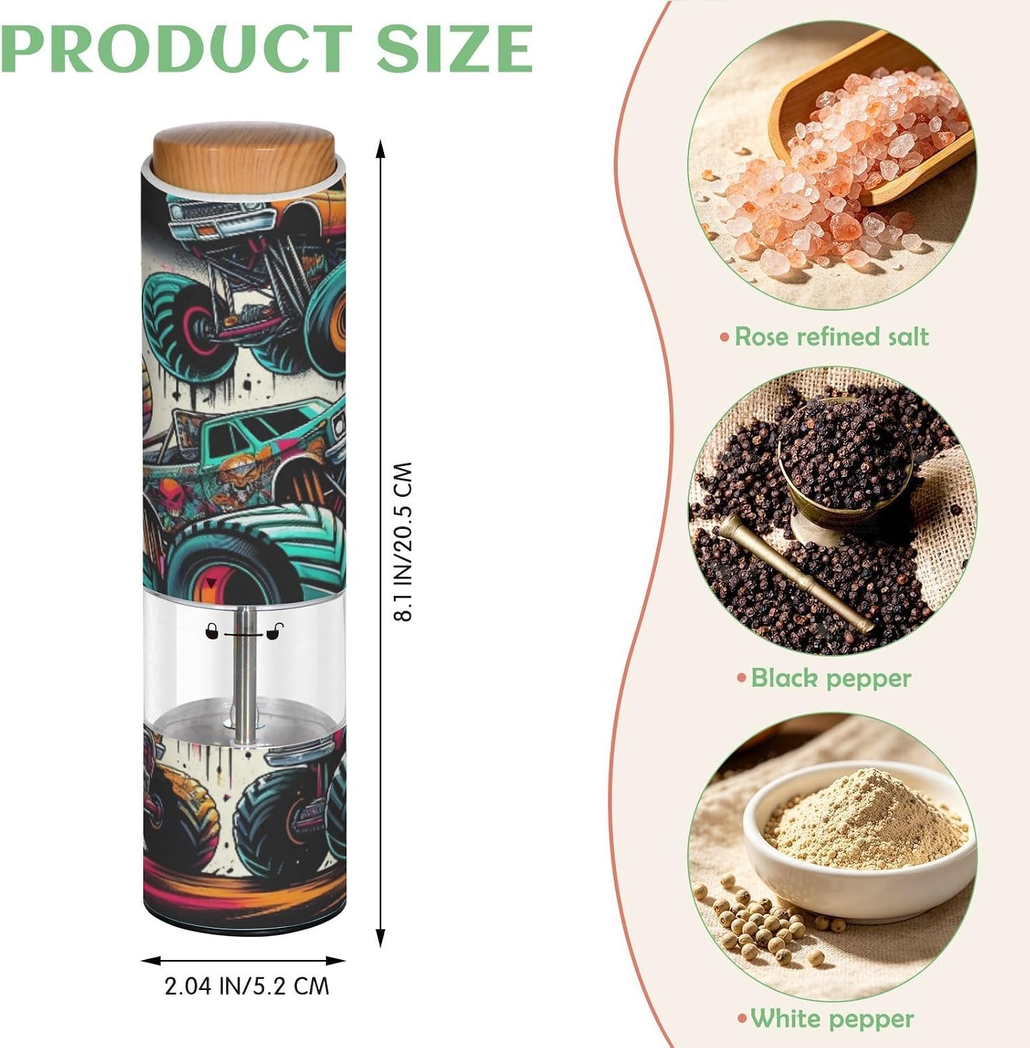 ALAZA Electric Pepper Grinder with Adjustable Coarseness, Graffiti Monster Trucks Battery Automatic Salt and Pepper Mill with Led, One-Handed Operation Spice Grinder for Kitchen, Camping & BBQ
