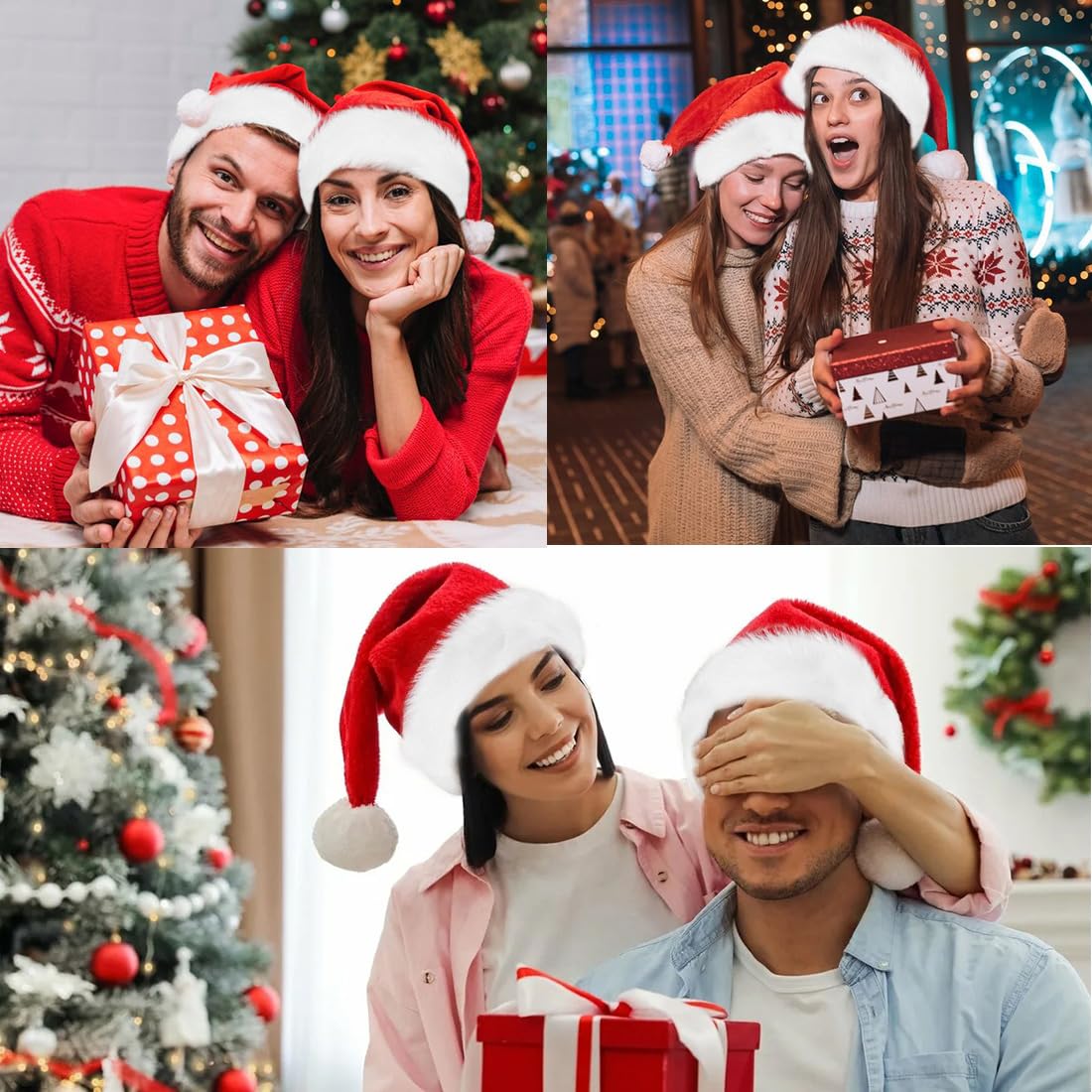 4 Weihnachtsmützen Rot Aus Plüsch - Nikolausmützen Für Erwachsene, Festliches Partyzubehör