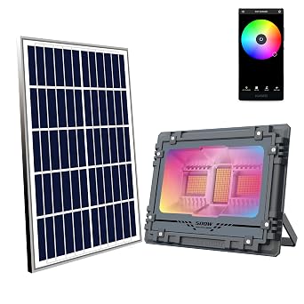 eLEDing Solar Powered 16W / 2100 Lm Outdoor Integrated RGB LED Flood Light Wireless Color-Changing Solar Flood with Built-in Music Sync, Black Alloy Housing for Patio/Deck/Commercial Facade