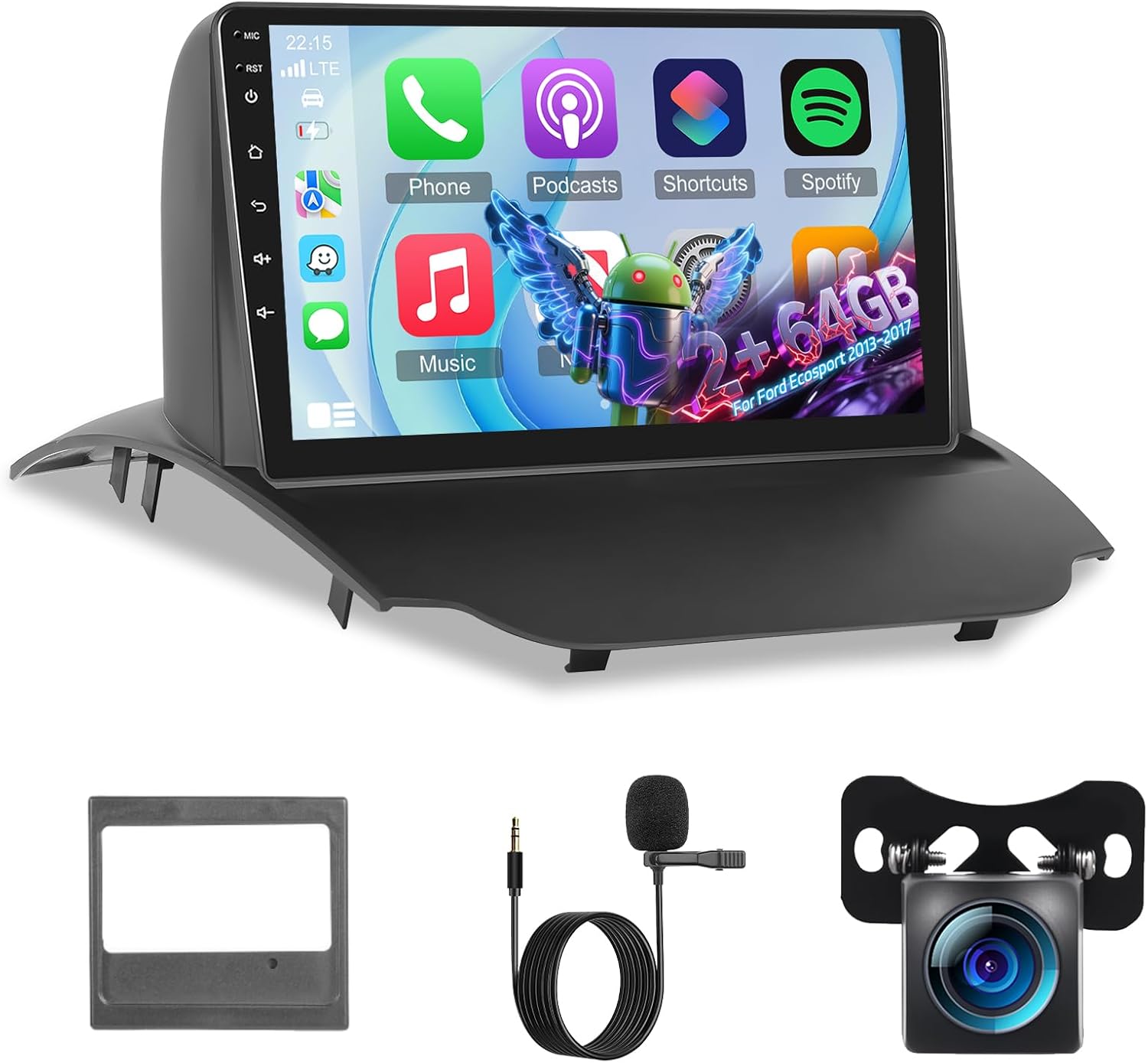 2G+64G Android Car Radio for Ford Ecosport 2013-2017, 9 Inch Screen Radio with Carplay and Android Auto/WiFi/GPS/Bluetooth/EQ/FM Radio RDS +Security Camera