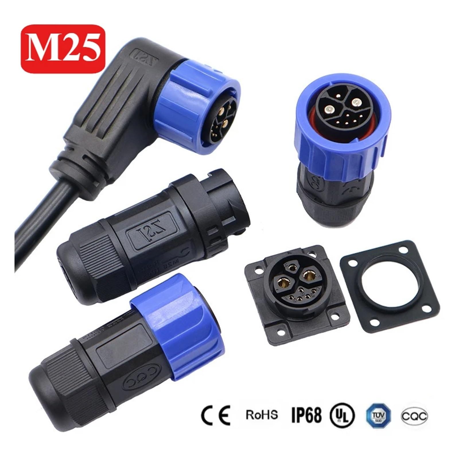 Conector M25 IP68, enchufe de carga impermeable con bloqueo automático, enchufe de aviación 50A 2 + 1 + 5, adaptador de corriente de almacenamiento de energía(Set)