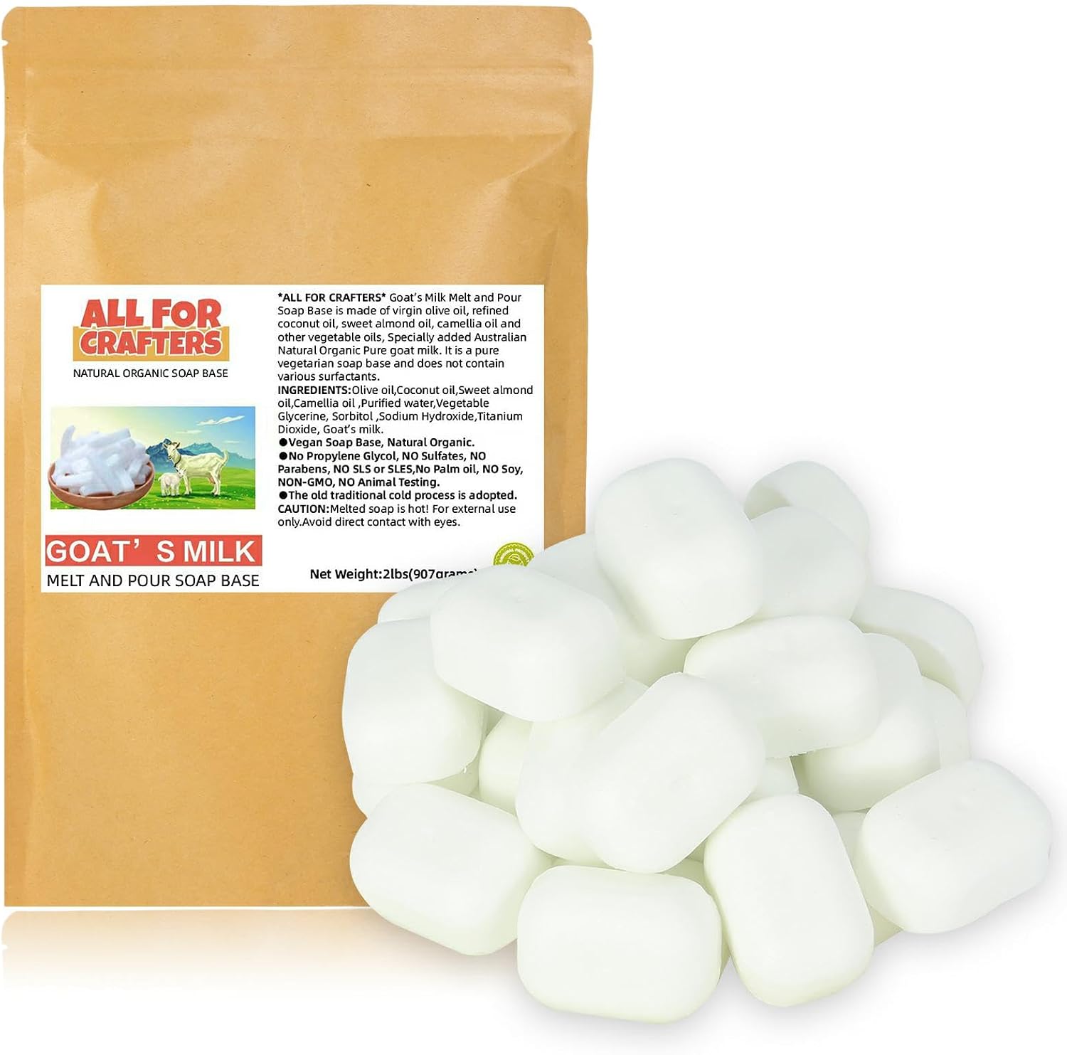 All for CRAFTERS-2LB Goat's Milk Melt and Pour Soap Base/Natural Organic,No Palm Oil,No Prorylene Glycol,No SLS or SLES, No Sulfates,No Sugar,No Alcohol.