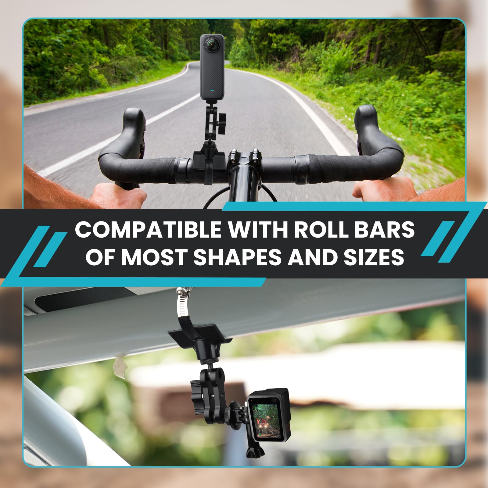 BarGrip uniwersalny uchwyt na aparat na roll bar - kompatybilny z kamerą Action Cam - pasuje do okrągłych, kwadratowych i profilowanych prętów o długości od 2,5 do 5 cm | podwójne ramię kulkowe