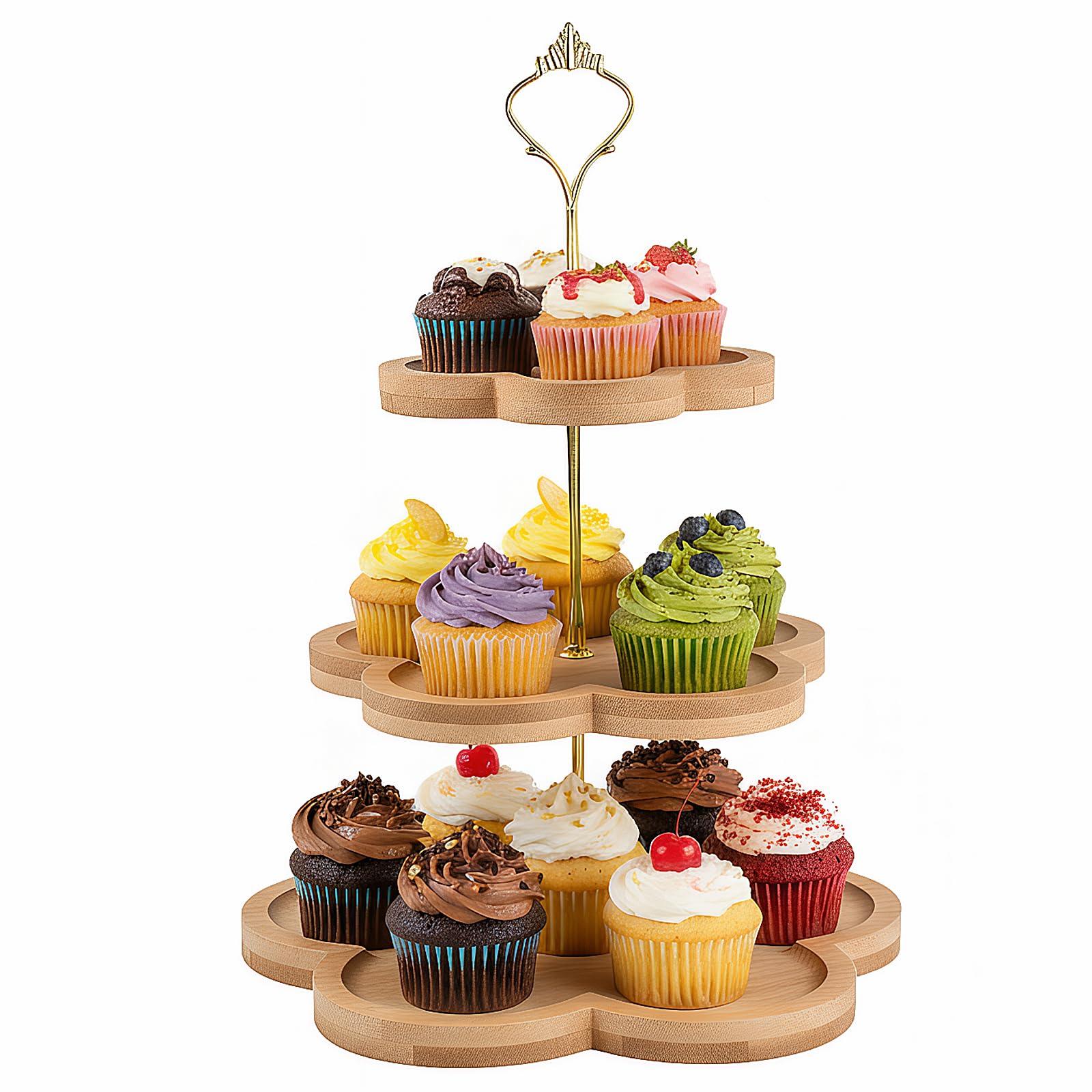 Support à cupcake à 3 niveaux en bois noble et poignée en métal chic pour réception