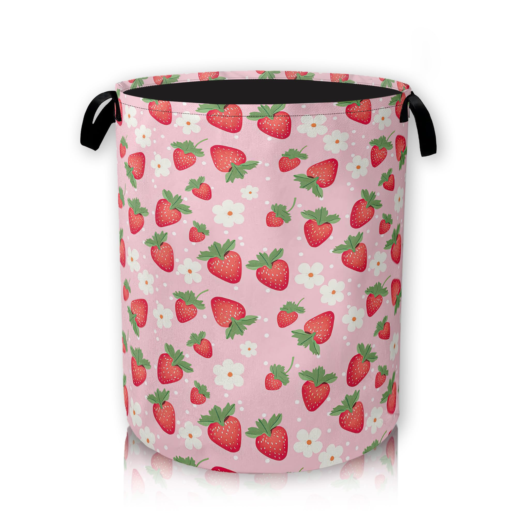 Pink Strawberry Laundry Basket, Foldable Laundry Basket Storage Sorter with Handle,Round Washing Storage for Bedroom, Bathroom, College Dorm 66L