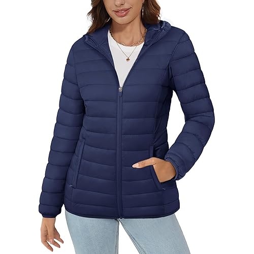 MAGCOMSEN Women's Hooded Puffer Jacket Lightweight Quilted Padded Coat 4 Pockets Zip-up Winter Warm Outerwear