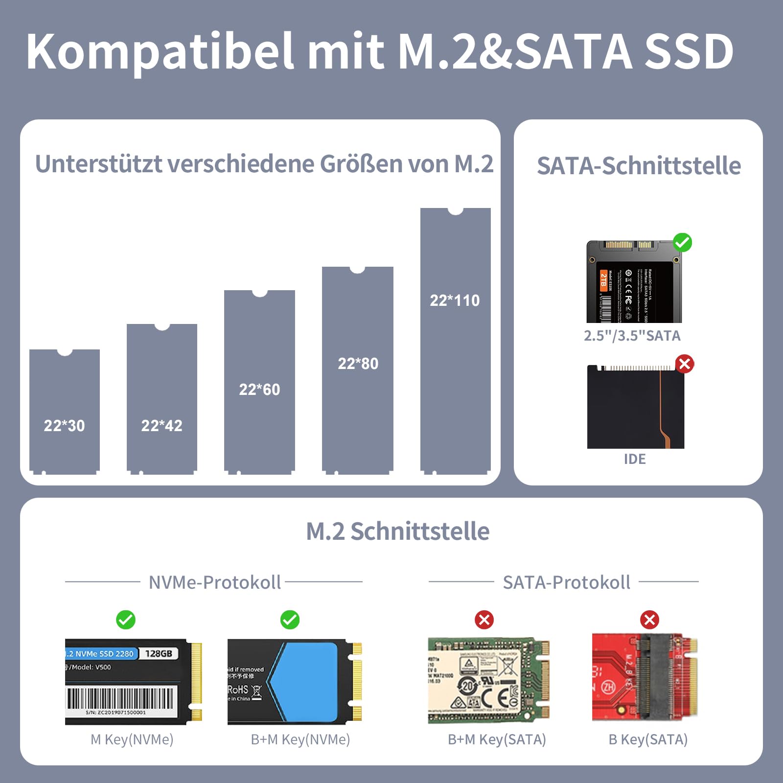 SUIDEK M.2 NVMe SSD Gehäuse Adapter, Typ-C 10Gbps auf M.2 und SATA Festplattenleser Externes M2 PCIe NVMe SSD Gehäuse Kompatibel mit (M Key&M+B Key) Jeder Größe und 2.5"/3.5“ SATA Solid State Disk