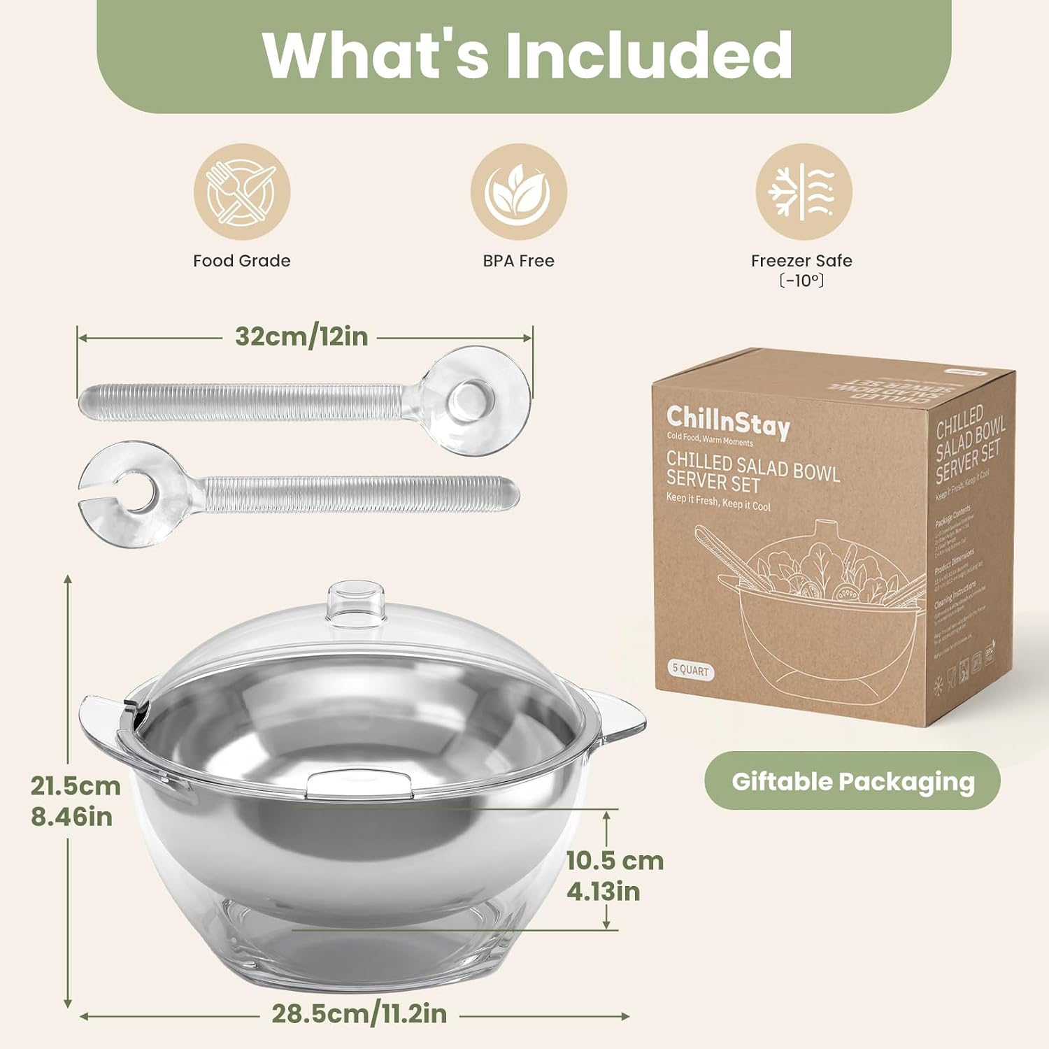 Chilled Serving Bowl on Ice, Salad Bowl with Lid, 5 QT Stainless Steel