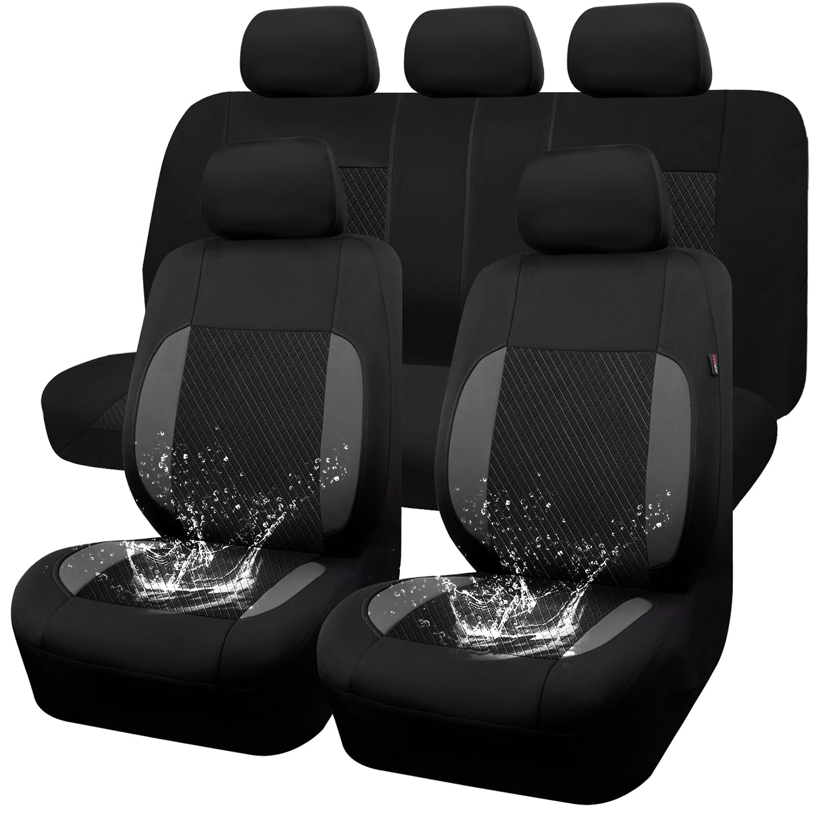 CAR-GRAND Rhombus Embossed &Waterproof Neoprene Universal Fit Car Seat Cover,Airbag Compatible,Rear 3 Zipper Armrest Design(Sporty Full Set, Black and Gray Charcoal)