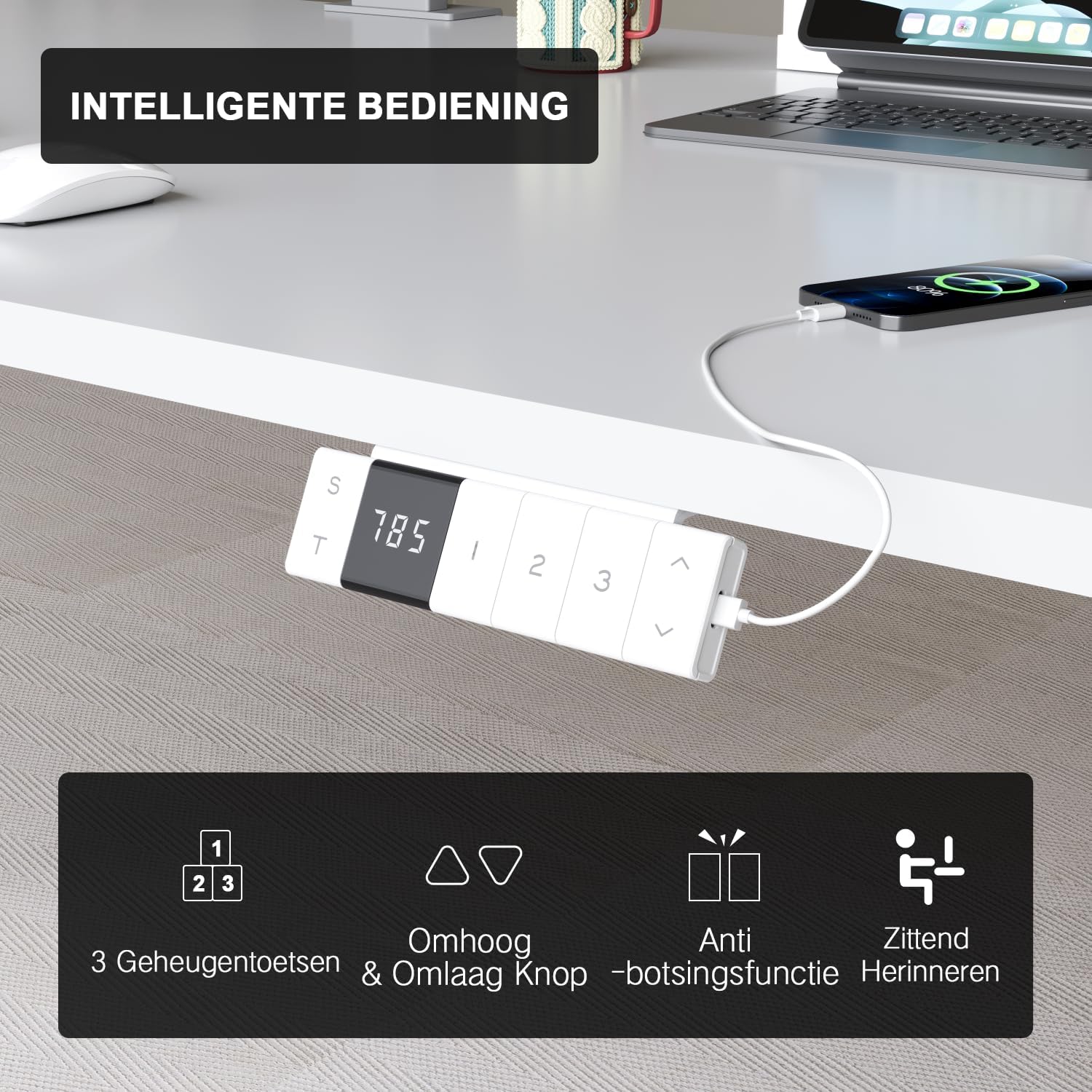 Close-up of the Devoko desk control panel with USB ports