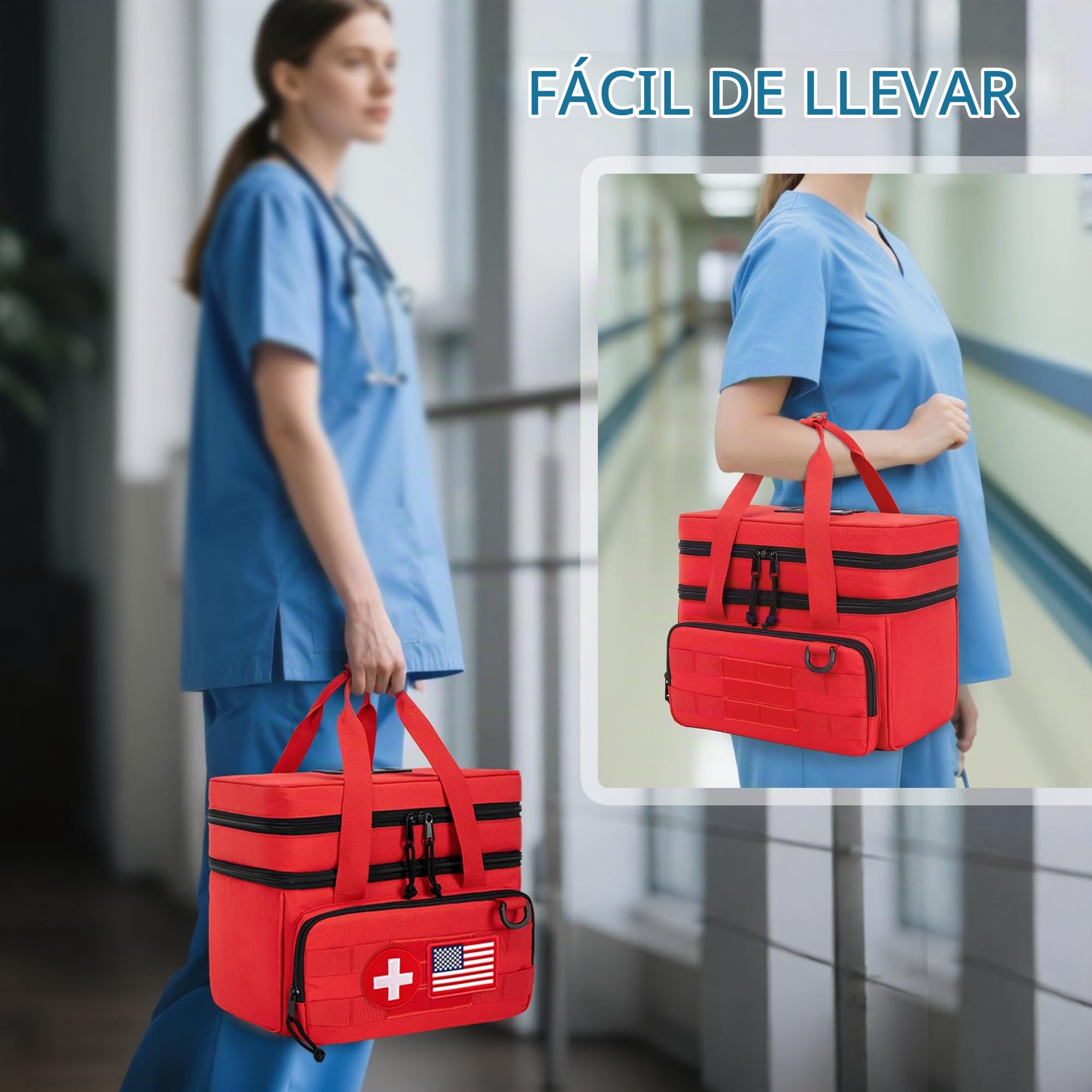 CURMIO Bolso Táctico Botiquín Doble Capas, Bolsa Médica Vacia, Rojo | Organizador de Medicamentos /Vitaminas/ Primeros Auxilios, 5 Divisores Extraíbles, para Viajes/ Senderismo/ Hogar