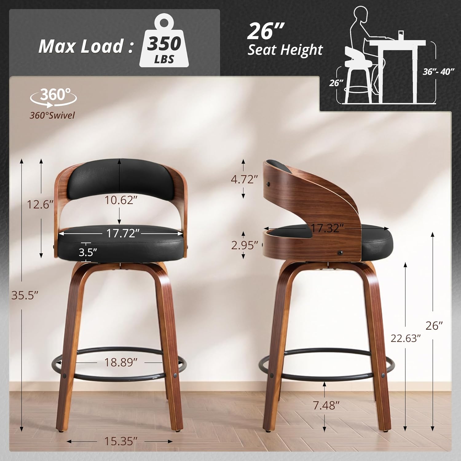Swivel Bar Stools Set of 3,26" Faux Leather Upholstered Counter Height Barstools with Back,Mid-Century Modern Bar Chairs with Bentwood Legs and Footrest for Kitchen Island Bar Counter Black