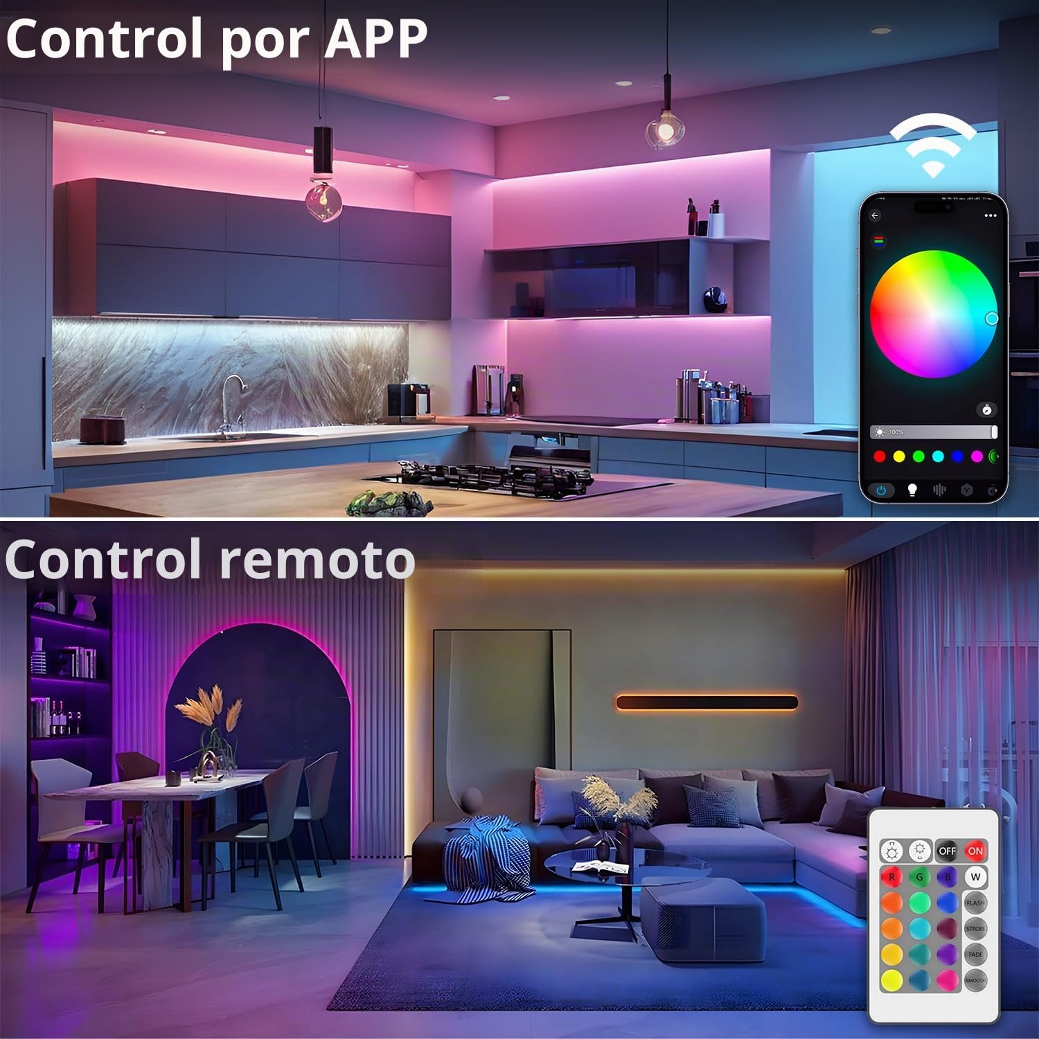 Tira LED COB WIFI de 10M, 24V Smart RGBW tira LED flexible, 672 LED/m de alta densidad COB con controlador y fuente de alimentación, LED interior para armario, dormitorio, armario