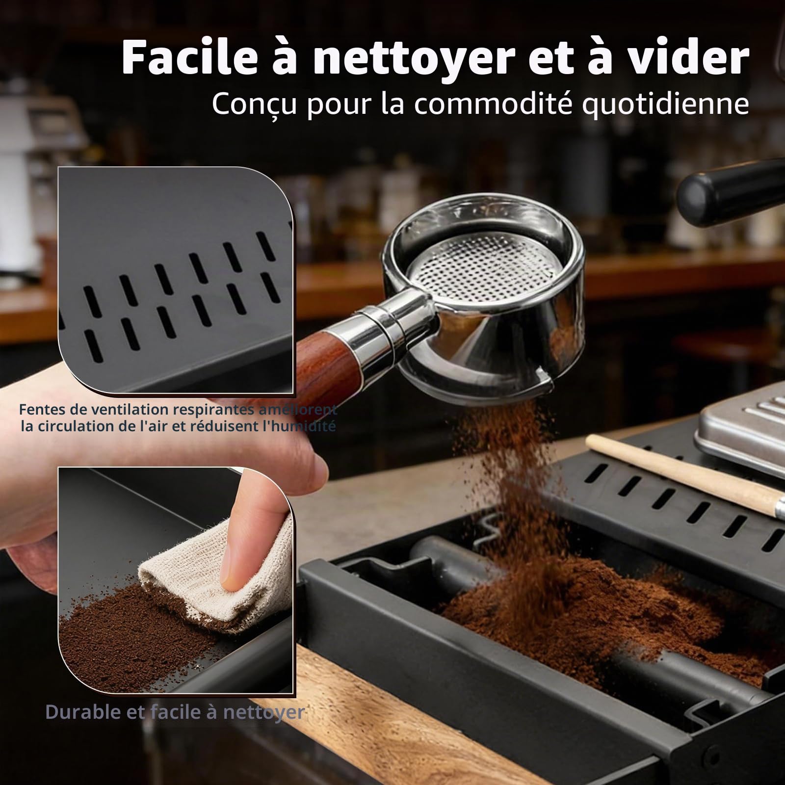 Boîte à Marc de Café Tiroir, Knock Box pour Porte-Filtre, Tiroir à Café en Acier Inoxydable Noir avec Poignée en Bois, Bac à Marc avec Barre d’Impact Caoutchoutée et Ventilation, 31,5 x 21 x 7 cm