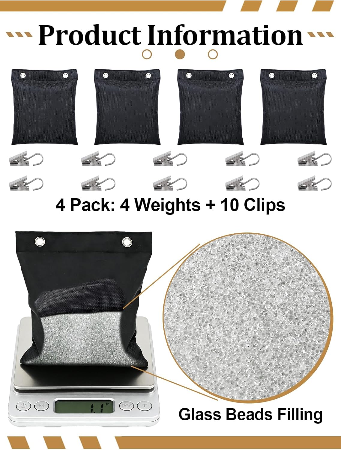 Apipi Pre-Filled 17.6 oz Outdoor Curtain Weights- 4 Pack Wind Resistant Oxford Weight Bags with Glass Beads Filling & Stainless Steel Clips, Heavy Duty Drapery Weights for Patio/Gazebo (5" × 6")