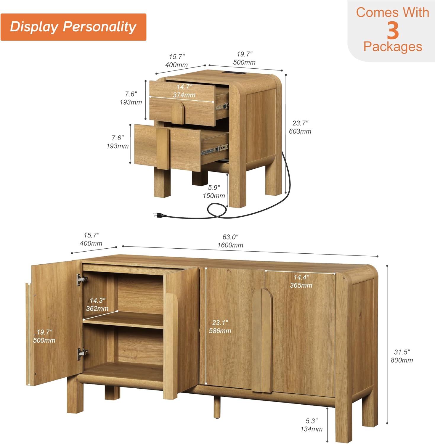 WAMPAT 3 Piece Bedroom Set, Modern 63" Wide Dresser Cabinet and Nightstand Set of 2 with Charging Station,Wood Storage Closet Chest with Natural Texture for Bedroom, Hallway,Light Walnut